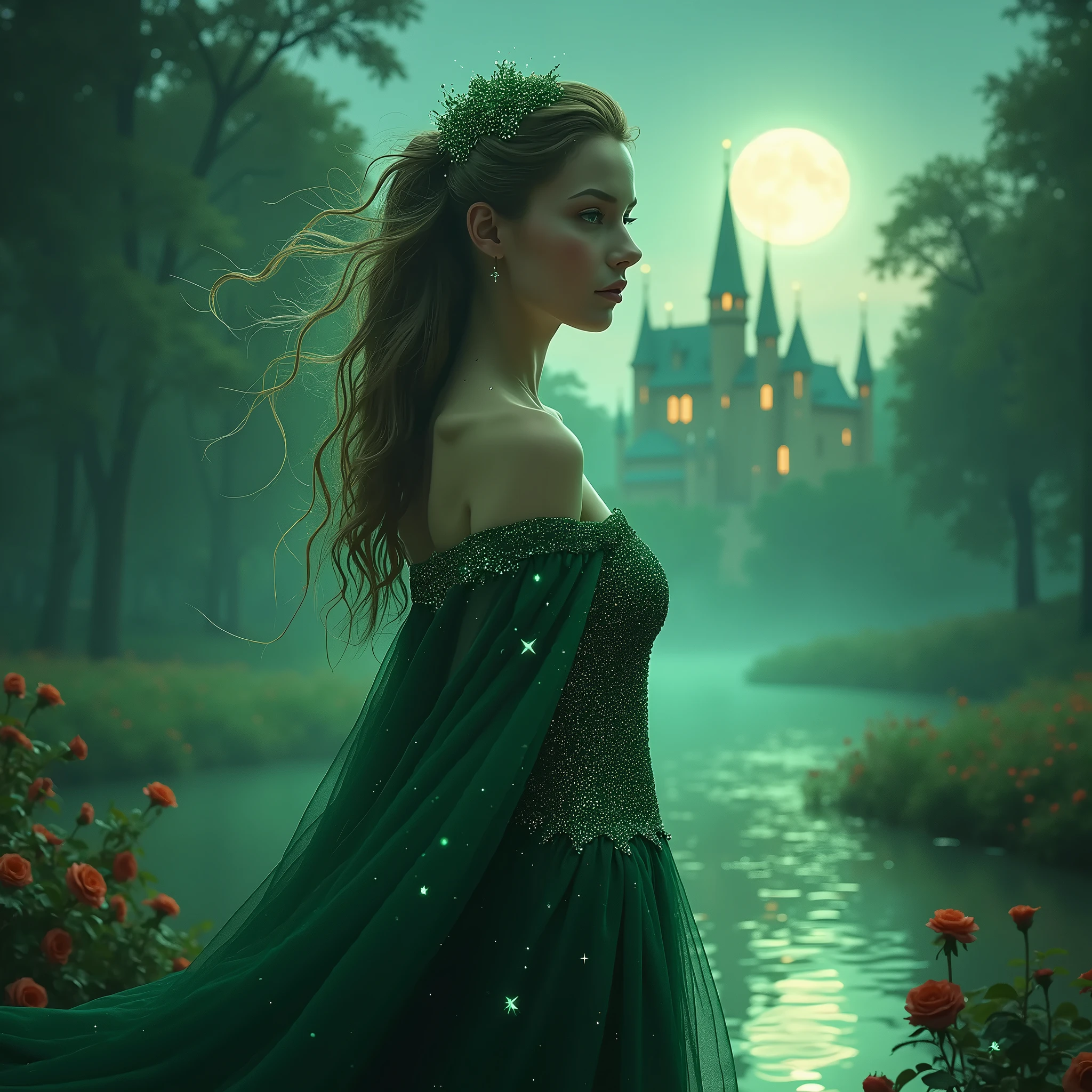 young woman, full height, mature, Ideal anatomy, Magic Outfit, imbued with the Magic of the Green Mist, Hair Sparkles With Stardust, There is Light Makeup, Color Explosion, bright colors, masterpiece, Forest Background, near the Castle where the Lights Burn in the Windows, The Moon is Bright and the Lights are Twinkling, Roses Flow Down the River, magic, fantasy, Super Detailing, maximum quality, hkmagic, 8 k, wallpaper, Game of Shadows, Shine,