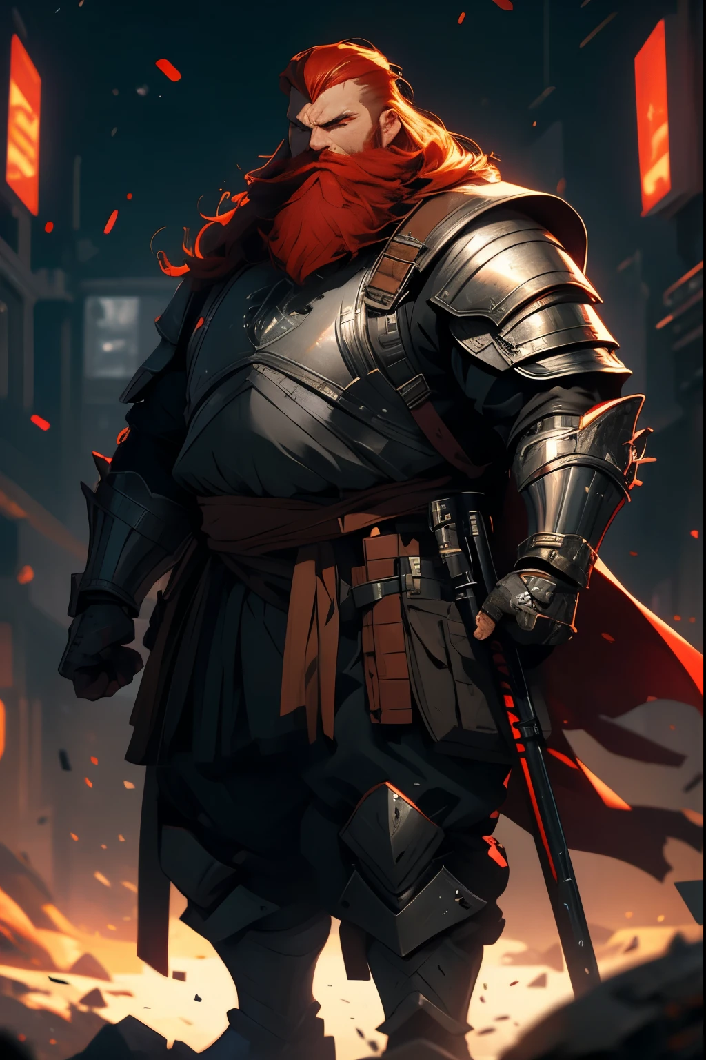 Red-haired sci-fi RPG man with gray locks, carries a large backpack and wears light leather sci-fi armor, has a medium beard, full body, his right arm is bionic, strong and fat, big man, fat and strong man, cenário medieval

