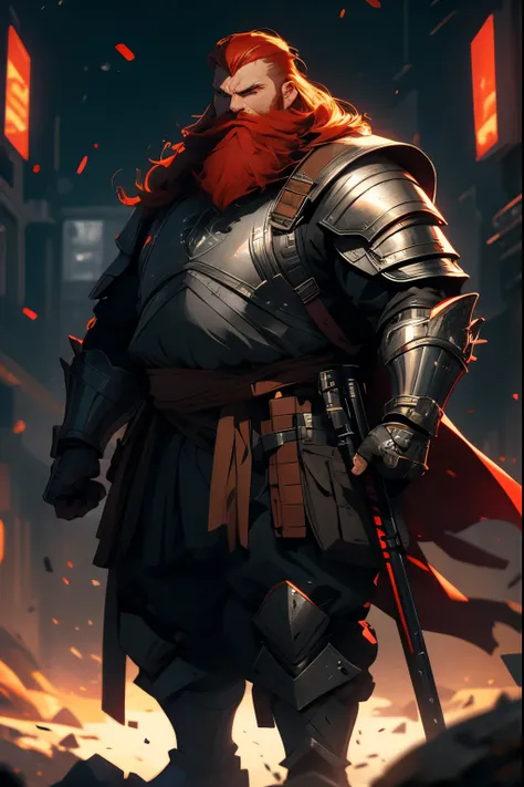 red-haired sci-fi rpg man with gray locks, carries a large backpack and wears light leather sci-fi armor, has a medium beard, fu...