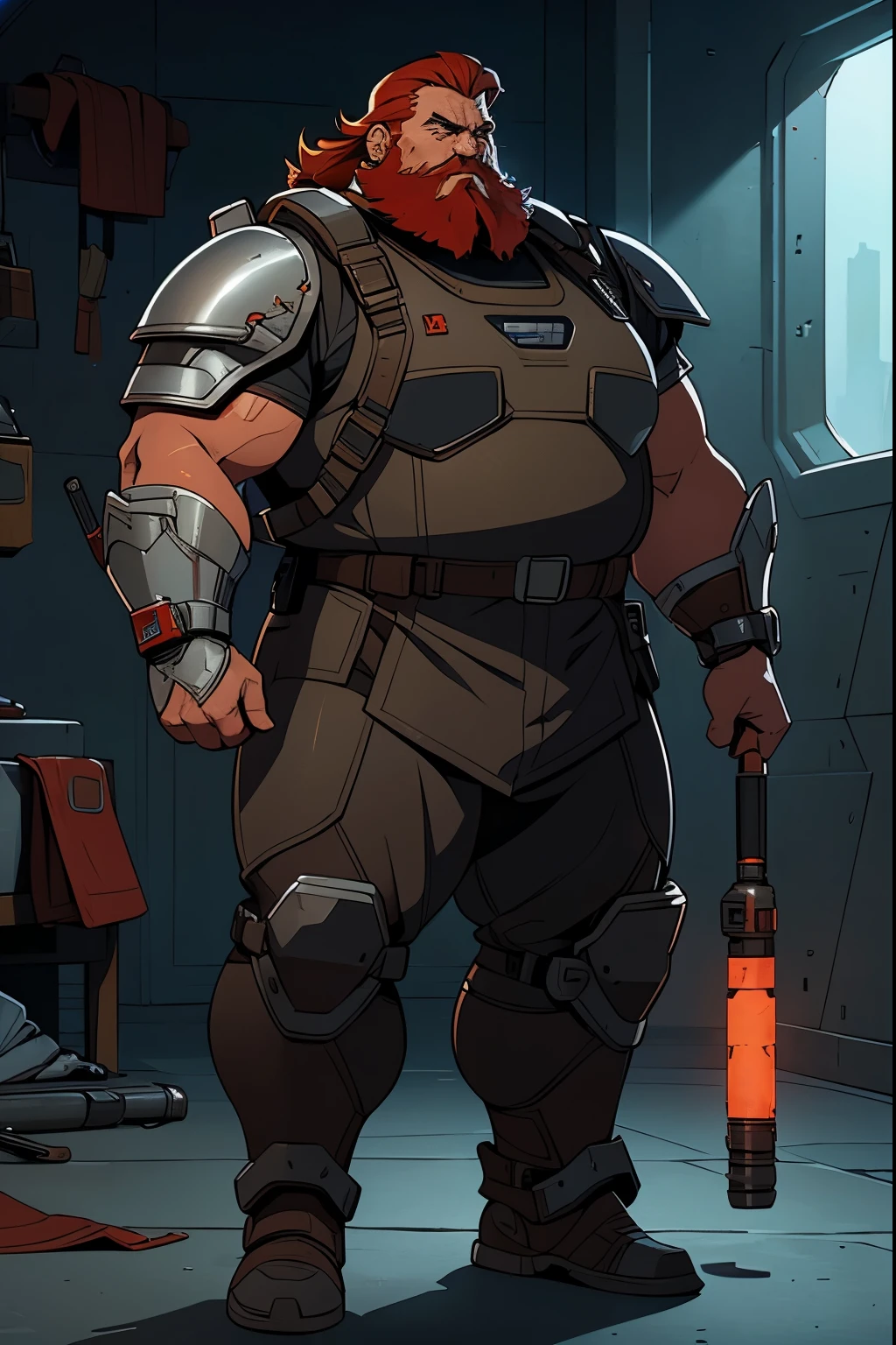 Red-haired sci-fi RPG man with gray locks, carries a large backpack and wears light leather sci-fi armor, has a medium beard, full body, his right arm is bionic, strong and fat, big man, fat and strong man

