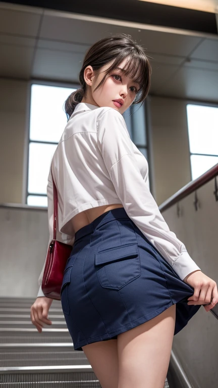 a 18 year old girl, (elevator), You can see the city background through the glass., Bokeh, Perfect Figure, (((Hand-lifted skirt, boxer shorts, I can see the panties))), ((My eyes crossed, captivating)), Short T-shirt, slim tummy, (mini-skirt),(Spread your legs), varied pose, Lift the skirt with your hands, Panties on the skirt, (Look from behind), Pretty back muscles