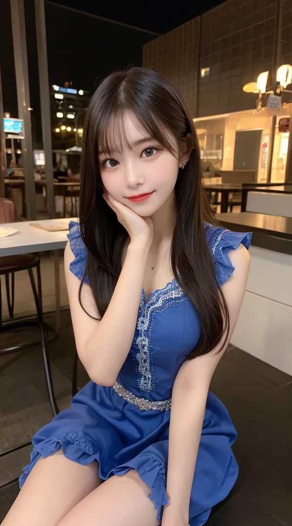 high resolution eyes、smile、bright hair color、Posing to look back、plain white background、thin waist、C cup 、最high resolution、20-year-old、natural makeup、random hairstyle、brown hair、beautiful eyes、Dresses with decorations、high resolution、cabaret club、blue dress、(8k, Photoreal, Raw photo, best image quality: 1.4)