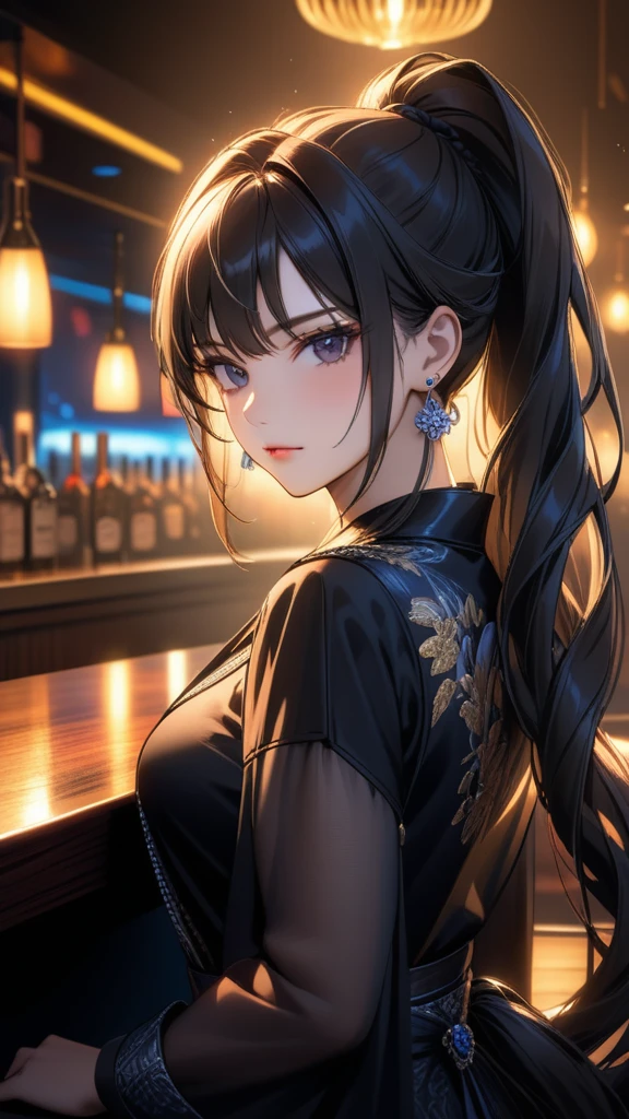 Portrait of Abigail: Stunning woman with high ponytail, Sitting at the bar in a nightclub. This masterpiece is of the highest quality., High level details, And perfect for 8k HDR wallpapers.. Features cinematic lighting with sharp focus and intricate details.., Long hair, Black hair, Hair tie, earring, Dark makeup, serious, Stare, Arrogant face, 