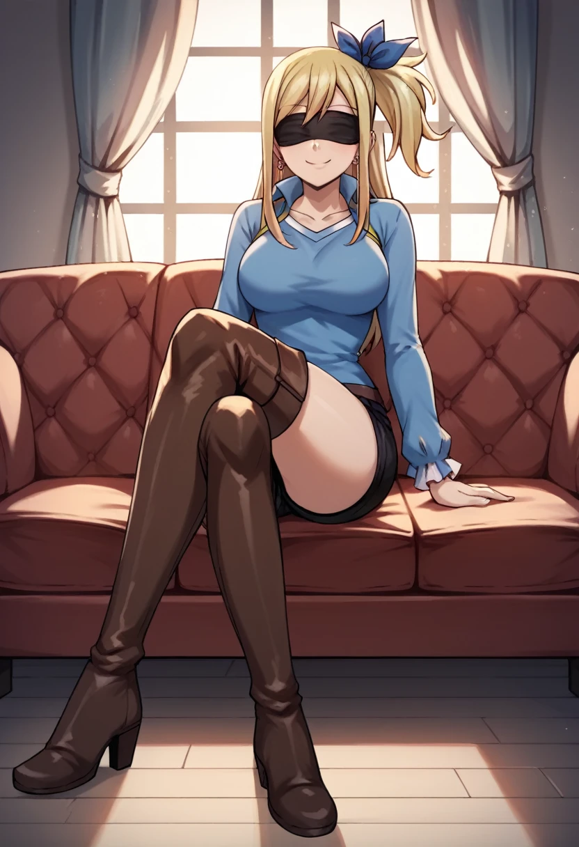 score_9, score_8_up, score_7_up, score_6_up, score_5_up, score_4_up, source_anime, 1girl,lucy heartfilia, smile, blonde hair, long hair, side ponytail, blue ribbon, blindfold, middle breasts, earrings, thigh high boots, brown boots, blue shirt, black shorts, crossed legs, sit, sofa, room, best quality, best res, 4K UHD,
 