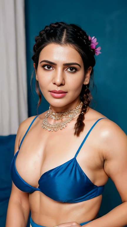night scene, extreme closeup photo of naked samantha ruth prabhu with blue eyes, meditating in forest, hourglass figure, swooping breasts, showing deep cleavage and navel, greek hair, necklace, sexy see through bra, pink flower, sultry, look at viewer lusciously, (cinematic:1.3), intricate details, (ArtStation:1.2)