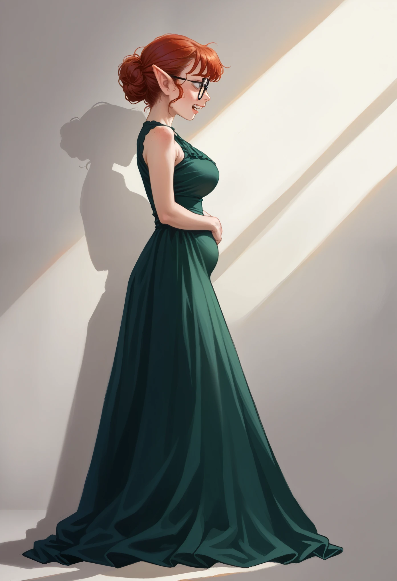 1 girl, nerdy elf woman, big teeth, glasses, (shy emotions:1.3) looking away, elaborate elvish dress, (), (breasts silhouette), light beams, (tall torso), (skinny body with a belly:1.3), , ((rivendell during autumn background)), extreme details, short red hair, (boyish face:1.1), , detailed autumn background , volumetric lighting, high definition, realistic anime , (long legs), (extremely detailed face:1.1), (huge and long breasts), from the side profile