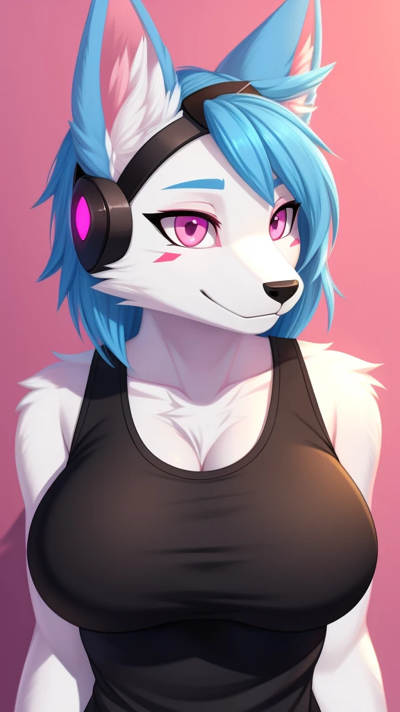 Furry protogen female anthropomorphic white fur pink eyes blue ears wearing a black tank top medium breast size profile picture
