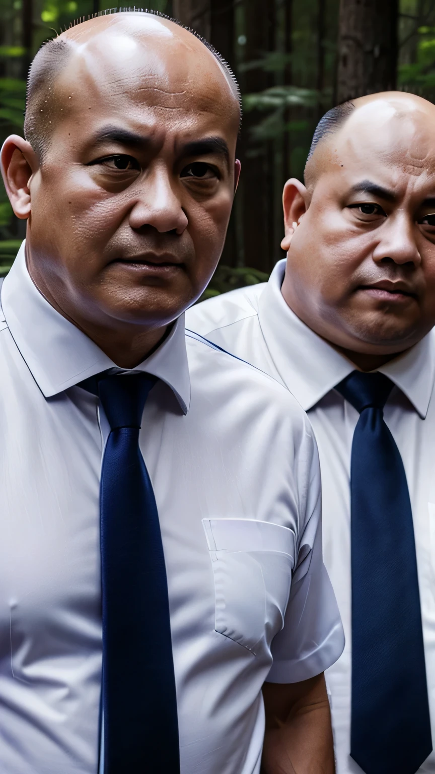 Two people wearing white shirts，Dark blue tie，Fat Chinese mature bald round-faced middle-aged man fighting fiercely in the forest，Abdomen close-up，Close shot