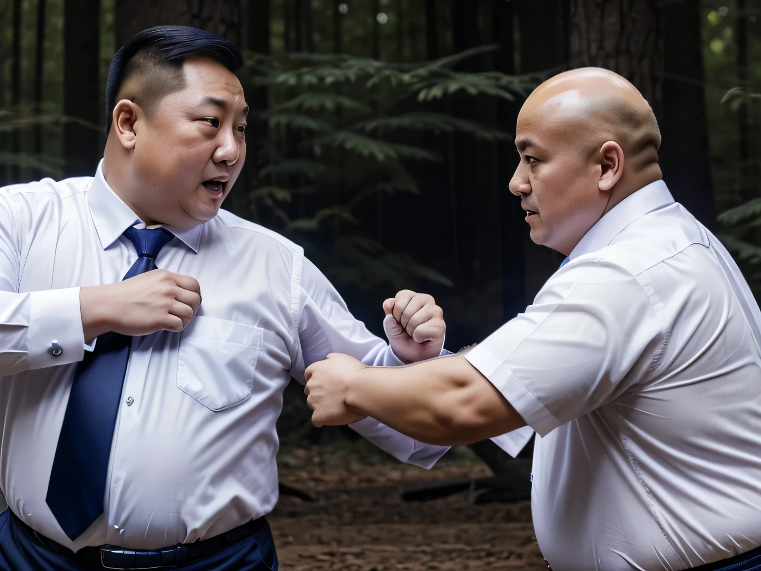 Two people wearing white shirts,Dark blue tie,Fat Chinese mature bald round-faced middle-aged man fighting fiercely in the forest,Abdomen close-up,Close shot