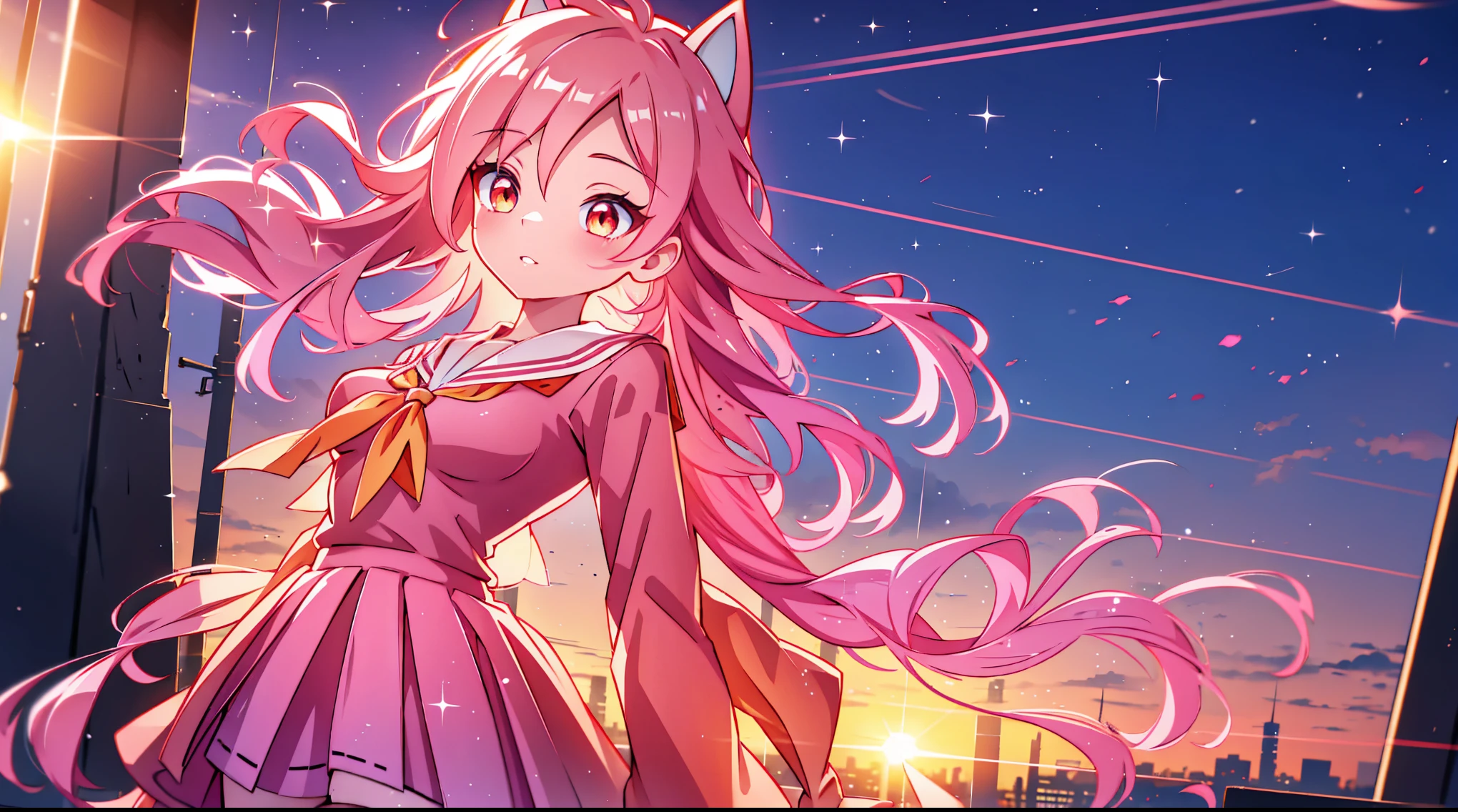 sunrise, skyline, sunrise, good quality shining golden and red eyes1 girl , long pink hair, she wears , very long hair, bright pink hair ,glowing eyes、(Highest quality、very detailed、cute、ultra-high resolution) 、High-School-Uniform{Sailor suit、red neckerchief、Short-sleeved、Faltenrock cat yers anime girl, about in a schoolgirl outfit showing her , shows her breasts naked , nake
anime girl, about in a schoolgirl outfit showing her