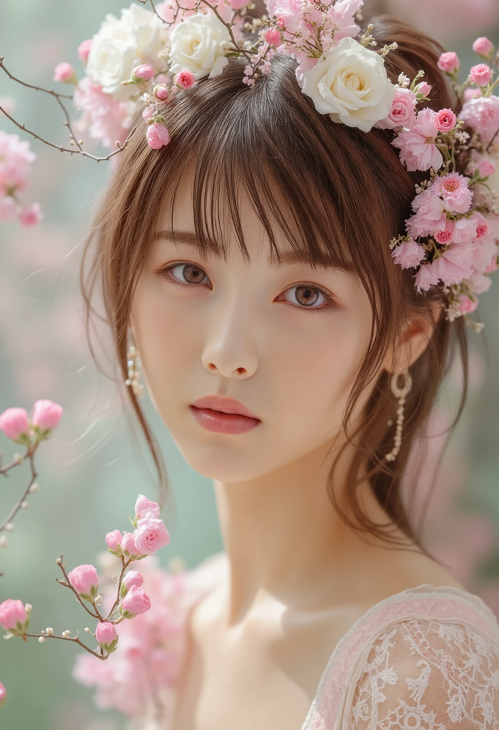 A photorealistic, soft-focus portrait of a young woman wearing a delicate floral crown, in an ethereal and whimsical style. The scene captures her surrounded by soft, blooming flowers with an intricate lace gown that adds to the fantasy-like, romantic atmosphere. The lighting is gentle and diffuse, highlighting her serene expression as she gazes dreamily at the viewer. Her face is adorned with small flowers, blending seamlessly with the natural elements around her. The style emphasizes a soft, pastel color palette, giving the entire composition a light, airy, and dreamy feel, reminiscent of fairytale photography or romantic fine art portraiture.