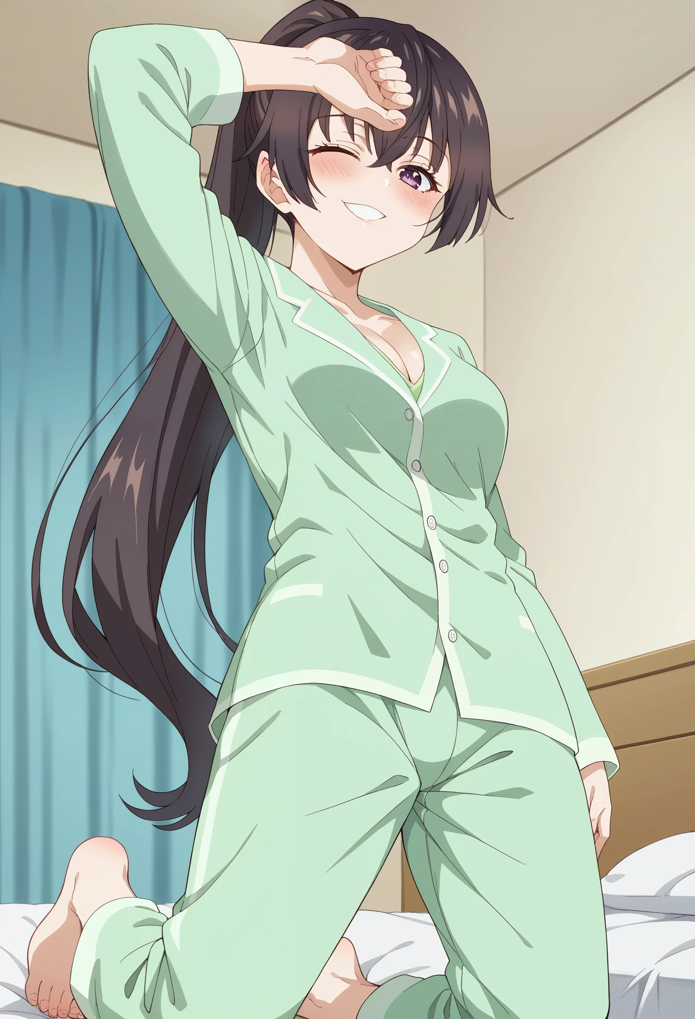 Score_9, Score_8_up, Score_7_up, ASCII masterpiece, source_anime, BREAK, 1girl, solo, yukisuou, yukisuou, long hair, bangs, brown hair, black hair, hair between eyes, purple eyes, high ponytail, medium breasts, green pajamas, pajama pants, barefoot, green pants, green shirt, cleavage, bedroom, mattress, smile, spectator, blush, smile, parted lips, luxury bedroom, smile, From below, feet, bare feet, stepped on, wet, smile, deep blush, one eye closed, teeth, closed mouth, arm up, (Beautiful, medium breasts:1.2), natural breasts,