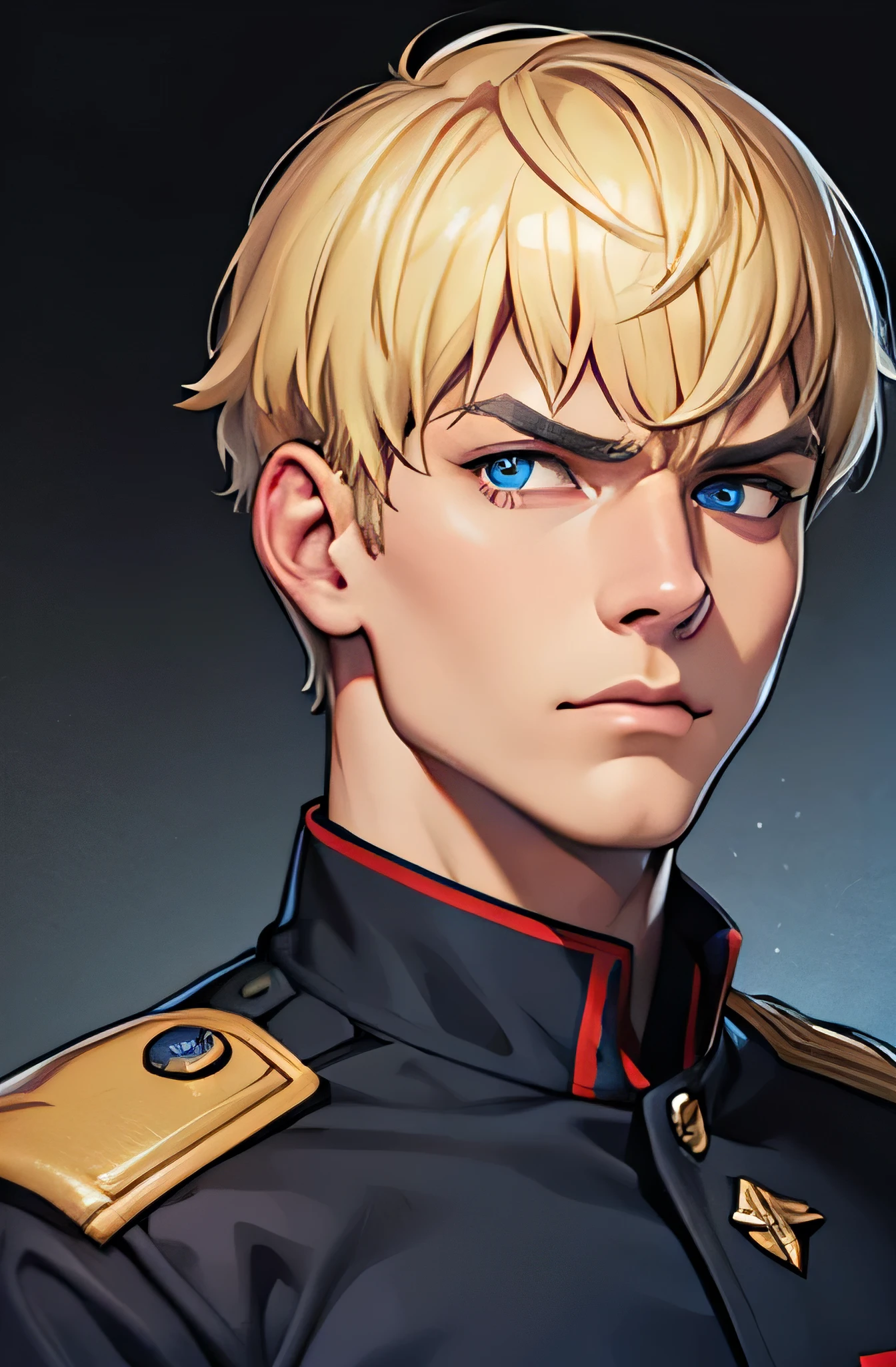 1 male Slicked back blonde hair Golden eyebrows Brown Skin Light purple eyes Black and gray military uniform Military parade square Realistic