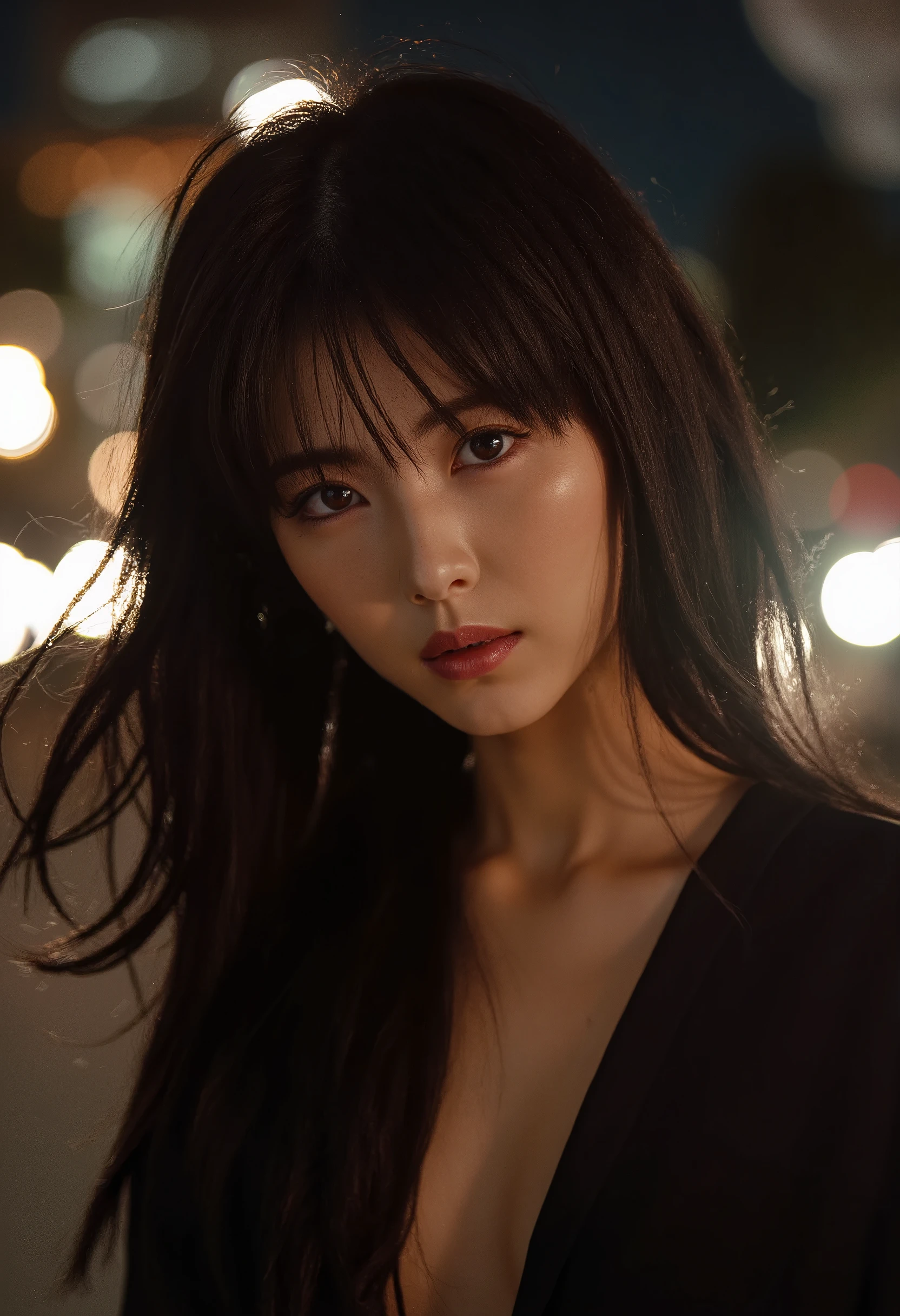 A cinematic portrait photo of an East Asian woman with long, flowing dark hair. She is looking directly at the camera with a soft, intense gaze. The scene is set at night, with natural light illuminating her face, creating a dramatic contrast between light and shadow. The background is blurred, with shallow depth of field, casting soft, bokeh-like lights in the distance, enhancing the cinematic effect.

She is wearing a sleek, elegant outfit that complements the moody atmosphere. Her face is softly lit by a single source of warm, glowing light, emphasizing her delicate features. The overall mood is mysterious and powerful, capturing the essence of cinematic photography with a sensual and dynamic tone. The image has a slight motion blur, giving it a sense of movement, as if capturing a fleeting moment of energy and grace.