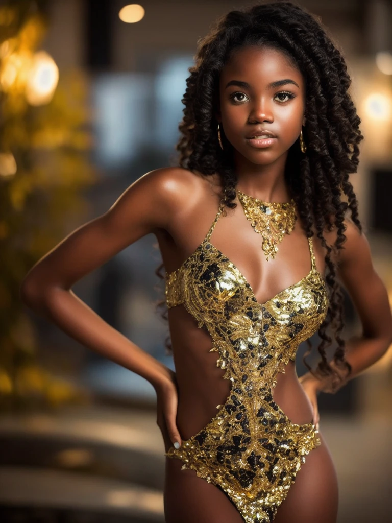 (masterpiece) Incredibly detailed photo of an extremely beautiful and sensual black girl, body decorations made of broken pieces of gold, gold short lace dress, girl with golden eyes, teenager, half body view, stock photos, masterpiece, best quality, high quality, Extremely detailed photo, cg unity 8k, Dubai scenery, award-winning photography, HDR, high detail, cinema lighting, beautiful young girl, narrow hips, slim, skinny thighs.