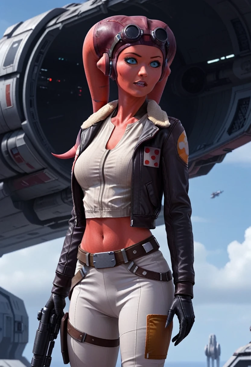 ((red skin)) Female Twi'lek (((hera syndulla ))), star wars, flight jacket,black gloves, white tanktop, black pants, close up, solo, standing, front view, medium breasts, wide hips, holding blaster, sith base, science fiction. Hd 4k, 8k, masterpiece