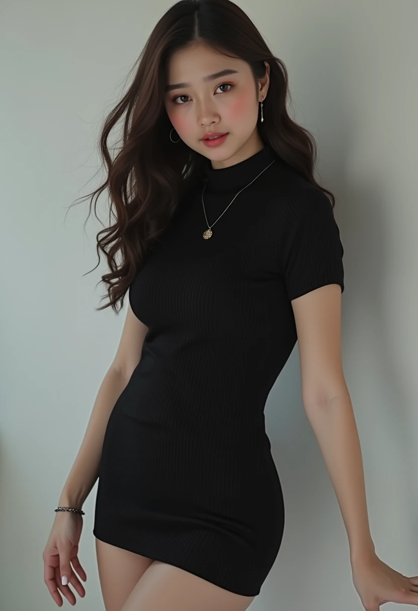 1 girl, beautiful korean girl, big eyes, wearing tight black dress(turtle neck,simple,long sleeves), black long boots, shy smile, solo, beautiful and detailed eyes, dark eyes, big breasts, calm expression, delicate facial features, ((model pose)), Glamor body type, (dark hair:1.2), simple tiny earrings, simple tiny necklace, long_hair, brown hair, wavy hair, flim grain, realhands, masterpiece, Best Quality, 16k, photorealistic, ultra-detailed, finely detailed, high resolution, perfect dynamic composition, beautiful detailed eyes, eye smile, ((nervous and embarrassed)), sharp-focus, full_body, cowboy_shot