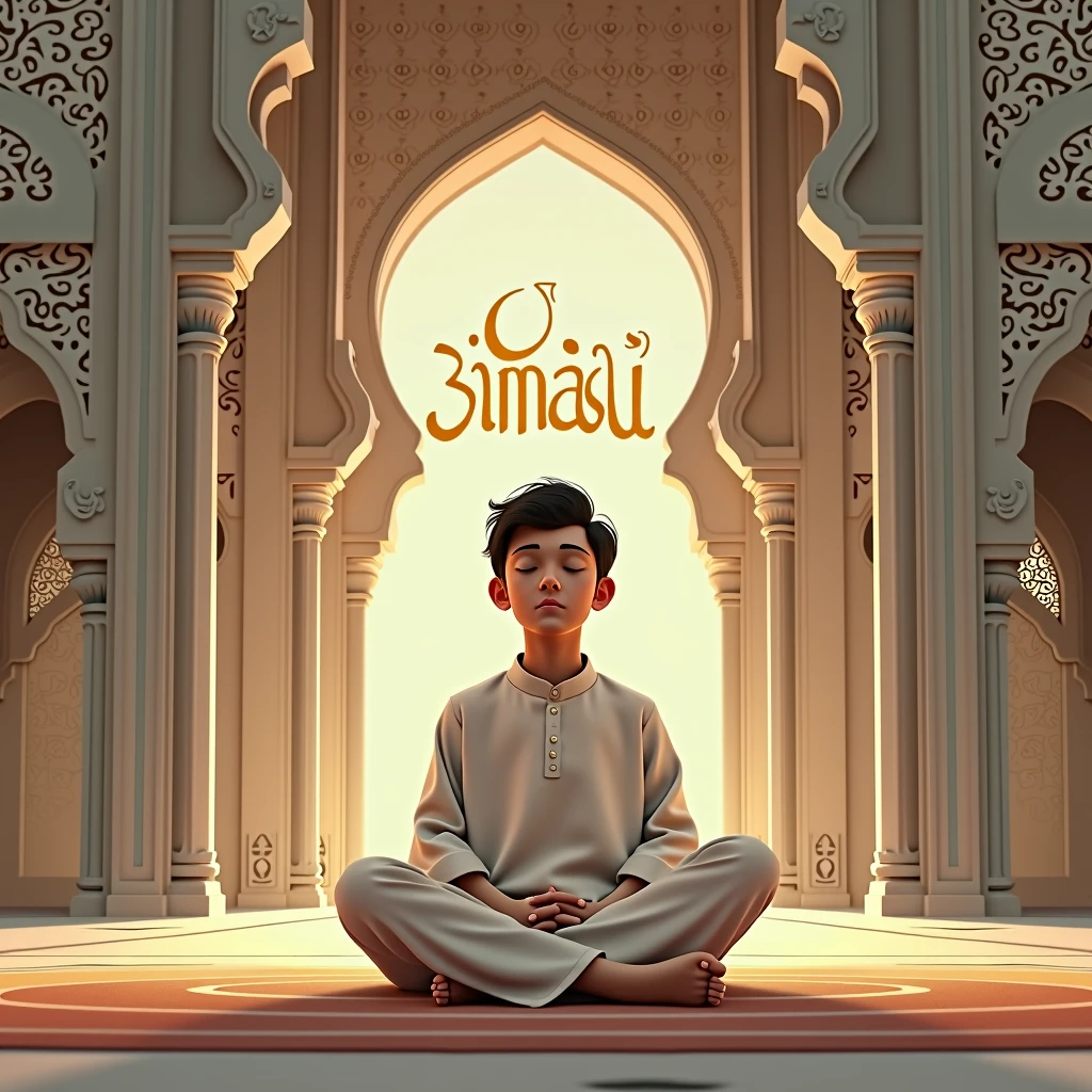 Create 3D image of 1 Indian devotional boy sitting next to makka madina and boy is seeing flute, they both are on swing and swing is nicely decorated boy is wearing black color T-shirt with name “mahd taha" written on it, heaven like beautiful scene background, star moon cut realistic image and boy is bare feet.