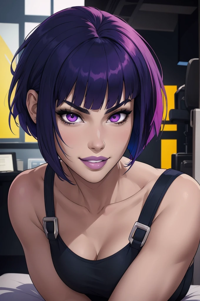 masterpiece:1.2, best quality), ponytail, yellow eyes, smile, , bangs, breasts, fang, bare shoulders,, raven dc comics style, short hair darken blue hair, pink bangs, purple eyes, realistic, cute face, (real picture, intricate details, depth of field), (1girl, solo), make up, parted lips, highly-detailed, perfect face, volup, girl, short hair darken blue hair, pink bangs, purple eyes, 