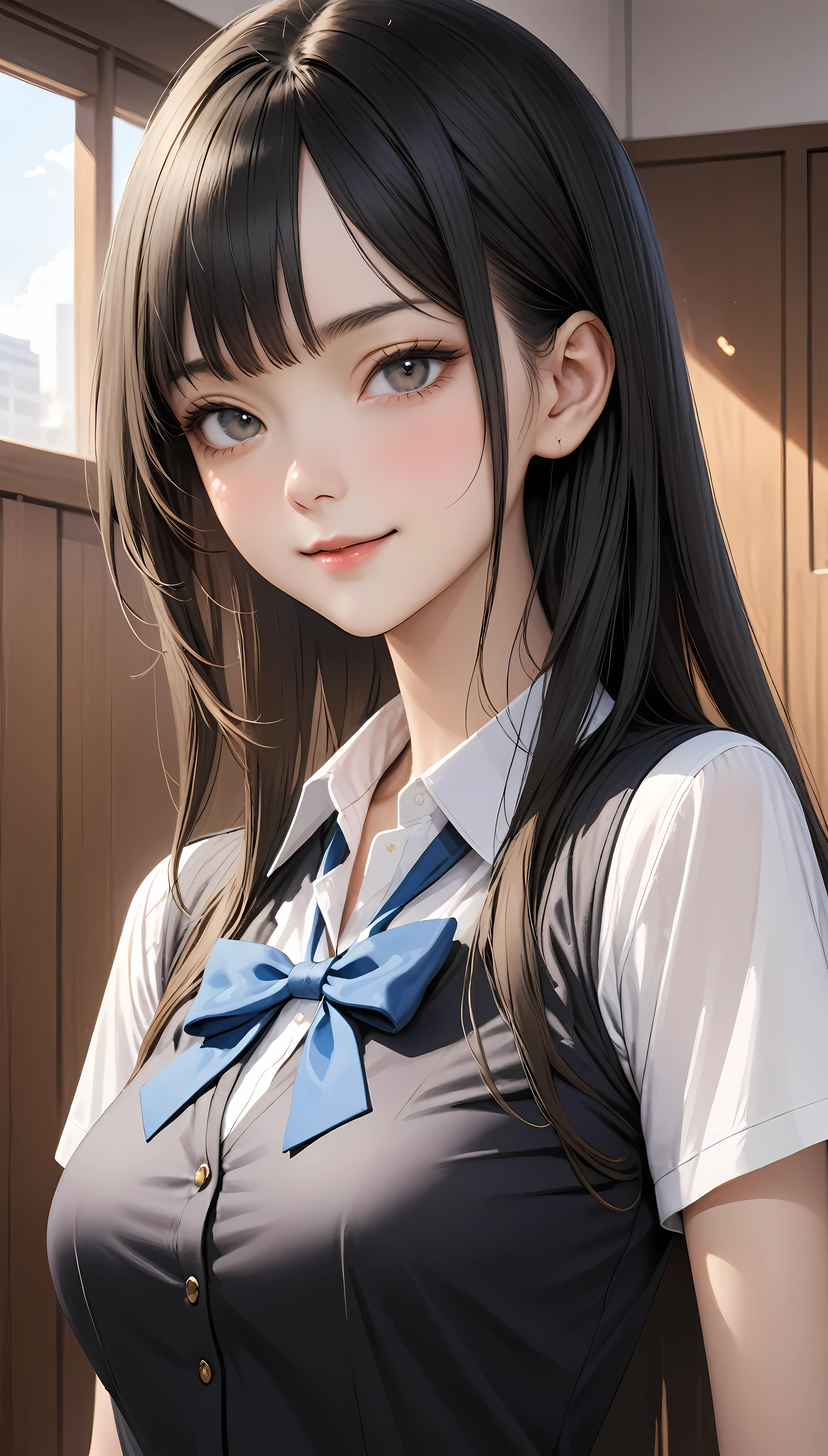 ((masterpiece,Best Quality:1.3,best quality illustrations,realistic)),close-up of face,portrait,1 Japanese woman,adult,straight long hair,black hair,very small head, bangs,gray eyes,gorgeous eyes,smile,long body,medium breasts,(School uniform, collared white shirt,Short sleeve)、(blue bow),slender body,toned body,gleaming skin,standing,classroom、School、