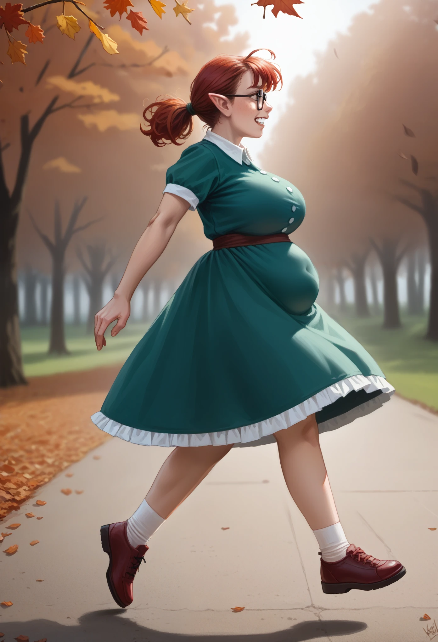 1 girl, nerdy elf woman, big teeth, glasses, () (running, tattered dress, panic) looking away, elaborate (white elvish dress) (), (breasts outline), light beams, (tall torso), (skinny body with a saggy belly:1.3), , ((rivendell during autumn background)), extreme details, short red hair, (boyish face:1.1), , detailed autumn background , volumetric lighting, high definition, realistic anime , (long legs), (extremely detailed face:1.1), (huge and long breasts), from the side profile