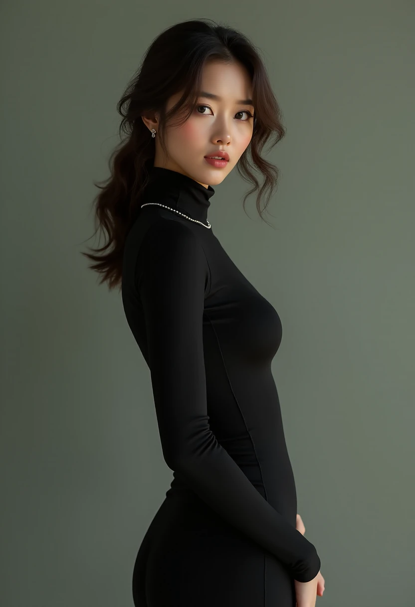 1 girl, beautiful korean girl, big eyes, wearing tight black dress(turtle neck,simple,long sleeves), black long boots, shy smile, solo, beautiful and detailed eyes, dark eyes, big breasts, calm expression, delicate facial features, ((model pose)), Glamor body type, (dark hair:1.2), simple tiny earrings, simple tiny necklace, long_hair, brown hair, wavy hair, flim grain, realhands, masterpiece, Best Quality, 16k, photorealistic, ultra-detailed, finely detailed, high resolution, perfect dynamic composition, beautiful detailed eyes, eye smile, ((nervous and embarrassed)), sharp-focus, full_body, cowboy_shot