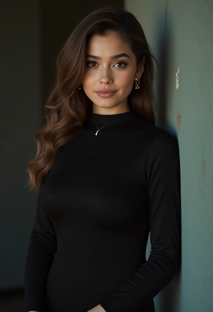 1 girl, beautiful girl, wearing tight black dress(turtle neck,simple,long sleeves), black long boots, shy smile, solo, beautiful and detailed eyes, dark eyes, big breasts, calm expression, delicate facial features, ((model pose)), Glamor body type, (dark hair:1.2), simple tiny earrings, simple tiny necklace, long_hair, brown hair, wavy hair, flim grain, realhands, masterpiece, Best Quality, 16k, photorealistic, ultra-detailed, finely detailed, high resolution, perfect dynamic composition, beautiful detailed eyes, eye smile, ((nervous and embarrassed)), sharp-focus, full_body, cowboy_shot