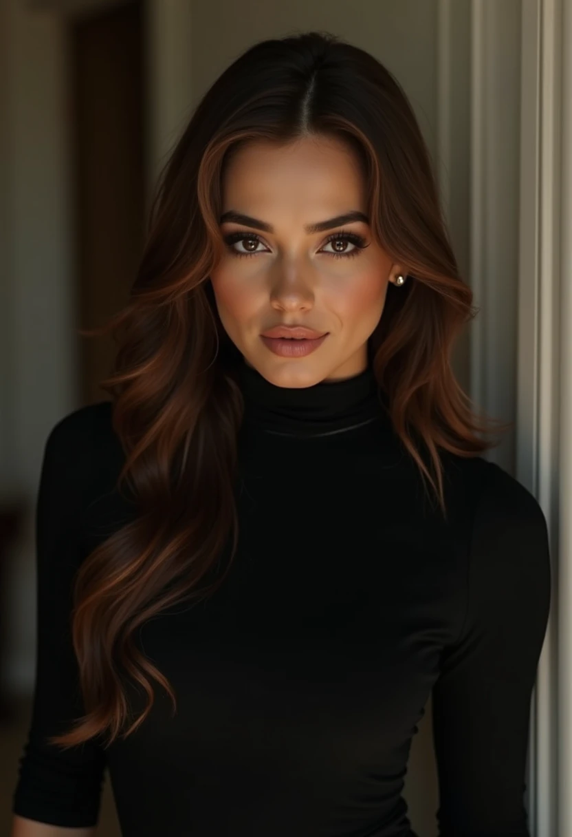 1 girl, beautiful girl, wearing tight black dress(turtle neck,simple,long sleeves), black long boots, shy smile, solo, beautiful and detailed eyes, dark eyes, big breasts, calm expression, delicate facial features, ((model pose)), Glamor body type, (dark hair:1.2), simple tiny earrings, simple tiny necklace, long_hair, brown hair, wavy hair, flim grain, realhands, masterpiece, Best Quality, 16k, photorealistic, ultra-detailed, finely detailed, high resolution, perfect dynamic composition, beautiful detailed eyes, eye smile, ((nervous and embarrassed)), sharp-focus, full_body, cowboy_shot