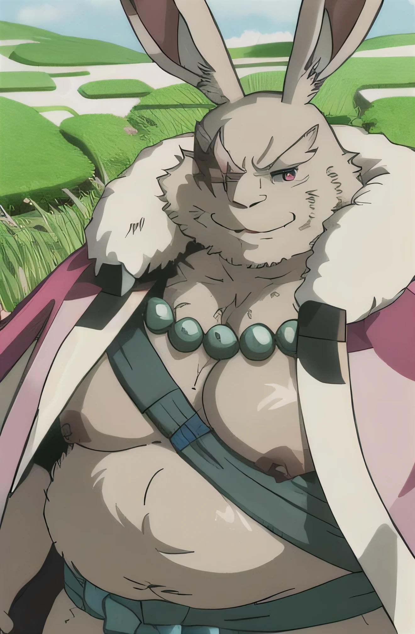 Vysache, furry, 1boy, rabbit boy, rabbit ears, animal nose, one-eyed, red eyes, white fur, fat, (half naked), beads, pink coat, fur trim, smirk, rice paddy, rice field, upper body, ghibli style