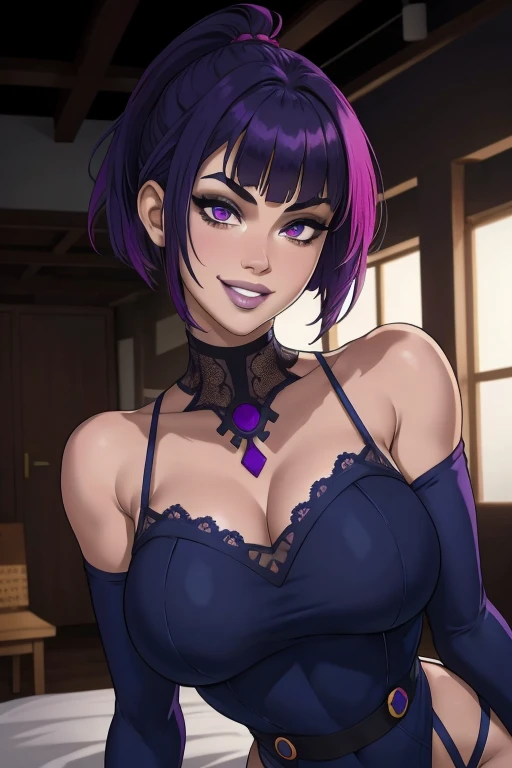 masterpiece:1.2, best quality), ponytail, yellow eyes, smile, , bangs, breasts, fang, bare shoulders,, raven dc comics style, short hair darken blue hair, pink bangs, purple eyes, realistic, cute face, (real picture, intricate details, depth of field), (1girl, solo), make up, parted lips, highly-detailed, perfect face, volup, girl, short hair darken blue hair, pink bangs, purple eyes, 