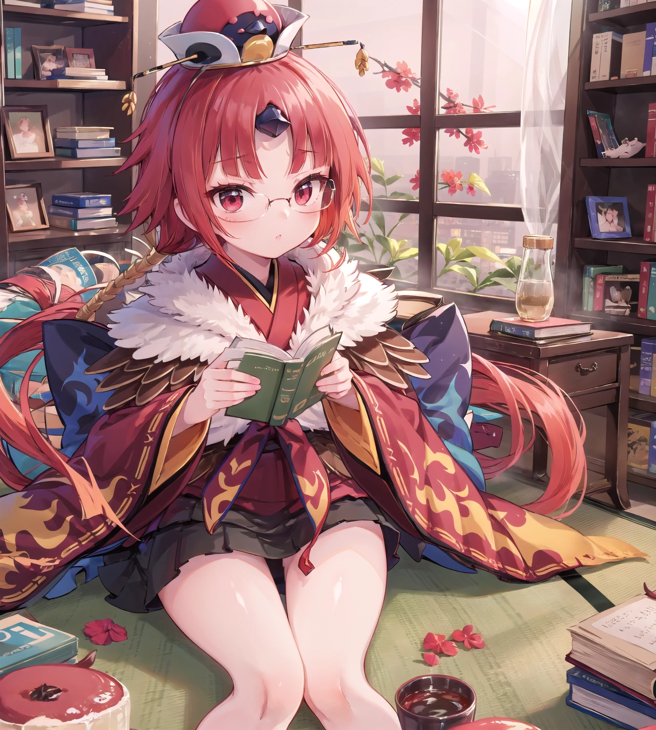 ((masterpiece,best quality:1.2)),(Read the book:1.3),((study)),Sitting on a chair:1.3,(Bookshelf:1.2),Glasses,1girl,be_nienma,wide sleeves,((red japanese clothes:1.2)),red hair, 2つの小さい白いポンポン,parted sleeves past wrists,Black mini skirt,hat,本:1.2