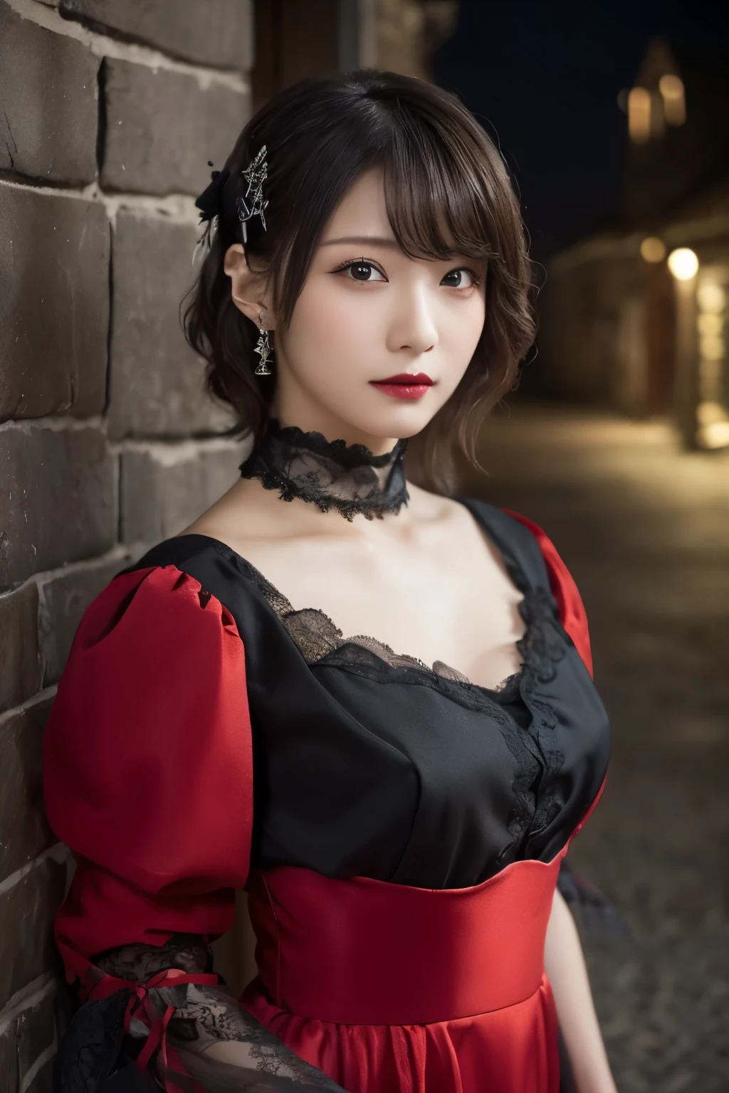 1 girl, (She is wearing a red dress:1.2), (Gothic Makeup), Portrait of a very cute Japanese symphonic metal singer, (RAW Photo Best Quality), (Realistic, Realistic:1.4), (masterpiece), 
Very delicate and beautiful, Very detailed, 2k wallpaper, wonderful, finely, Very detailed CG Unity 8K wallpaper, Very detailed, High resolution, Soft light, 
Beautiful detailed girl, Very detailed目と顔, A beautiful and elegant nose, Beautiful beautiful eyes, Cinema Lighting, 
(She stands in an empty medieval town:1.3), (Night Sky, milky way), (Girl full body silhouette:1.2), (Dark screen:1.5), (I am so lonely),
(short hair), (Messy Hair), 
Perfect Anatomy, Slender body, Small breasts