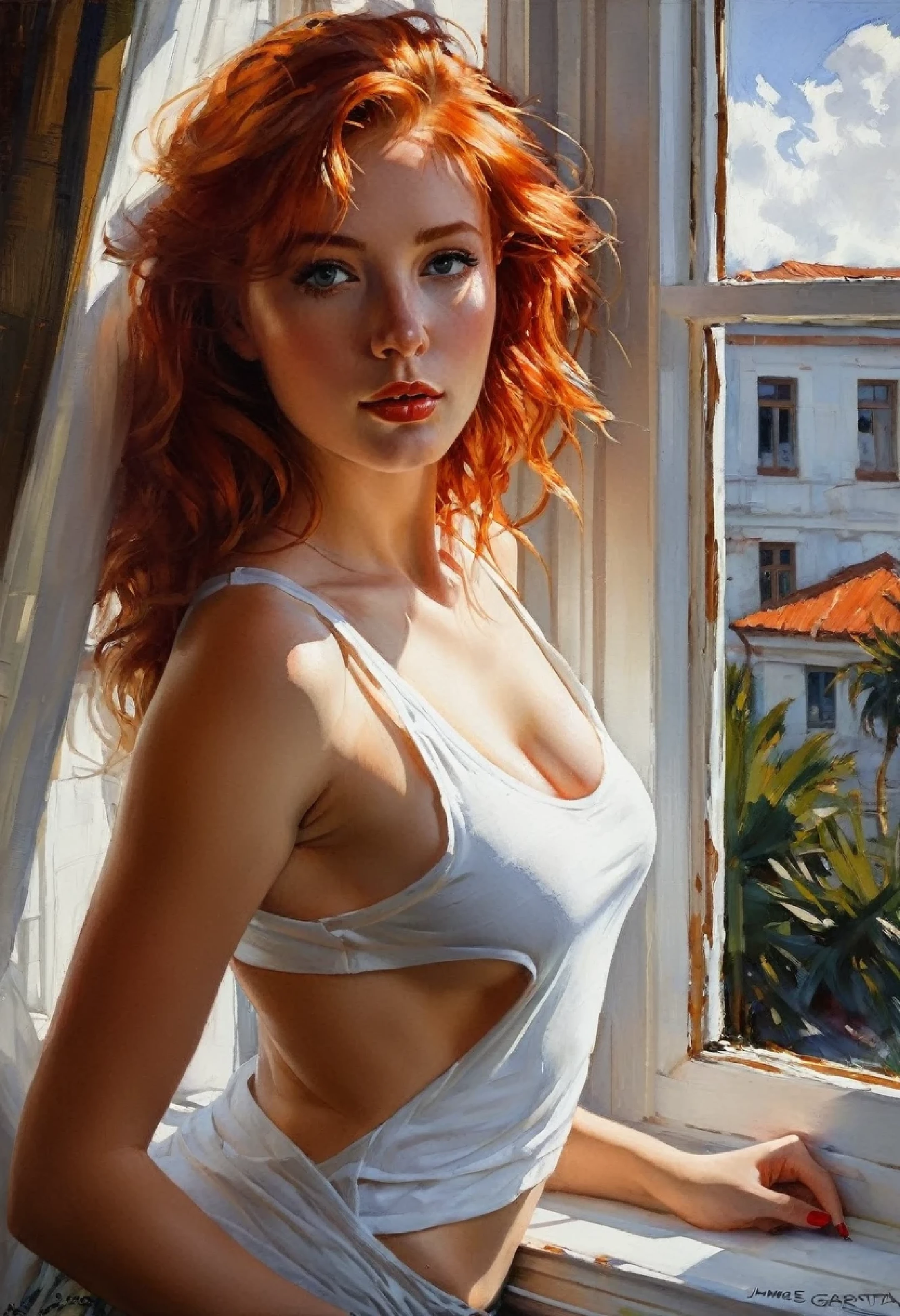 painting of a woman in a white tank top, leaning against the window, fully dressed. picture sexy, james gurney painting style, Vadim Kashin. ultra-realistic, michael garmash and rob rey, , James Gurney, beautiful realistic painting, red-haired girl, inspired by Vincent Lefebvre, John La Gatta, soft morning light