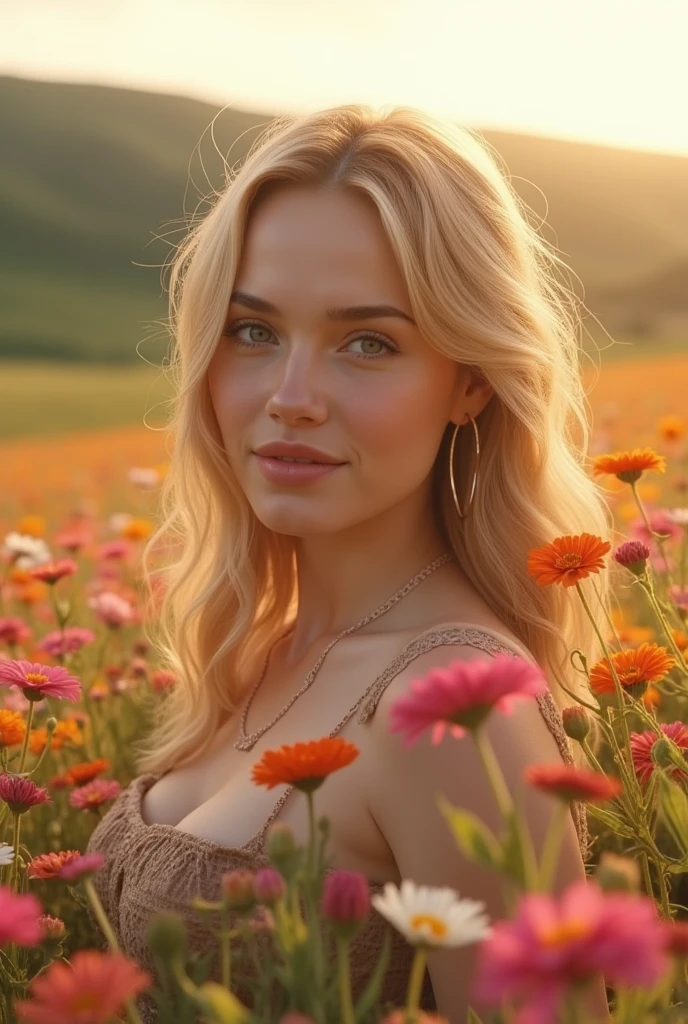 a young woman in a sundress, beautiful detailed eyes, beautiful detailed lips, extremely detailed face, long eyelashes, flowing blonde hair, serene expression, warm sunlight, field of wildflowers, idyllic countryside landscape, vibrant colors, (best quality,4k,8k,highres,masterpiece:1.2),ultra-detailed,(realistic,photorealistic,photo-realistic:1.37),natural lighting,concept art