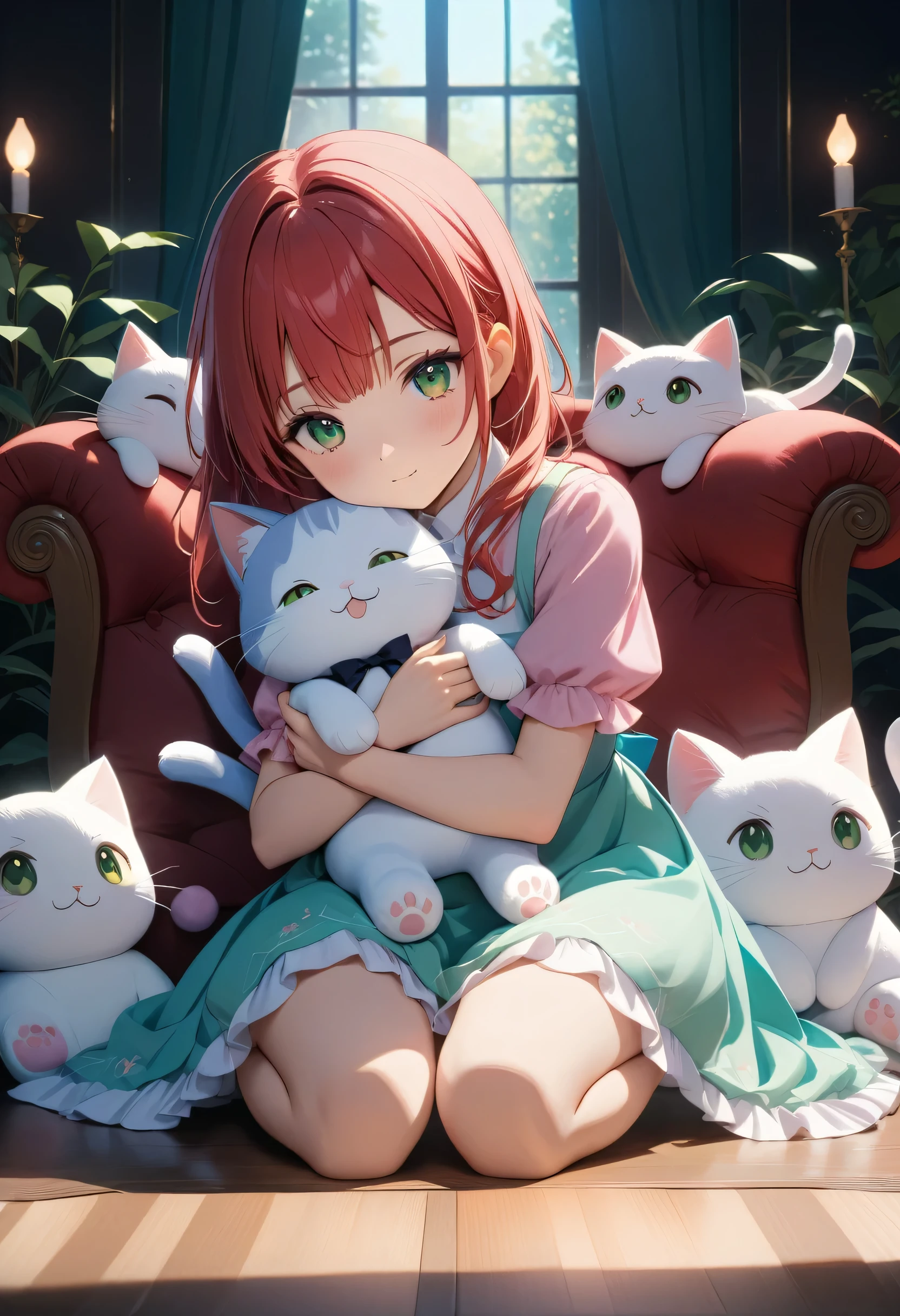 A beautiful anime girl with red hair and green eyes, delicate facial features, soft pastel colors, clean and highly detailed, kneeling and hugging a cute cat plush, cinematic lighting, elegant and whimsical composition, masterpiece, 8k
