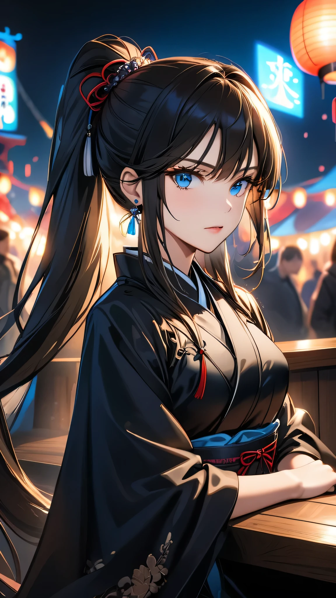 Portrait of Abigail: A strikingly beautiful female assassin with a high ponytail., Sitting at the bar at a night festival. This masterpiece is of the highest quality.., High level details, And perfect for 8k HDR wallpapers... Features cinematic lighting with sharp focus and intricate details..., Long hair, Black hair, Hair tie, earring, Hair pin, Dark makeup, serious, Stare, Arrogant face, Hiso., Blue eyes., matalic, Black Dress, overcoat, It's a luxurious image that looks sharp.
