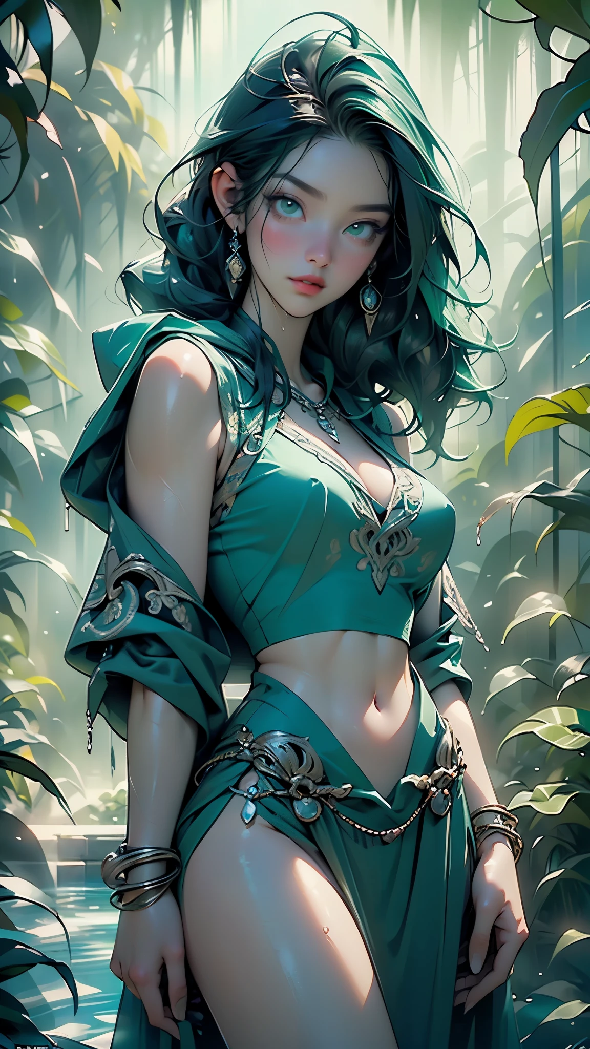 1girl topless, --quality 9 --hd -- testp bandana, long shiny green hair, gorgeous model girl, glossy intricate design, digital art, illustration, concept art, smooth, sharp focus, studio lighting, smooth, Tite Kubin, Peter Mohrbacher, Akihiko Yoshida