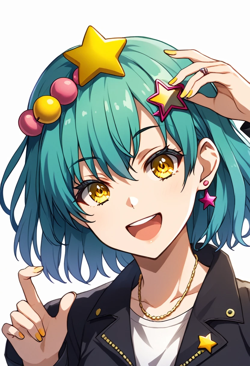 Girl with long dark turquoise hair, yellow eyes, yellow star pin in her head making hama beads 