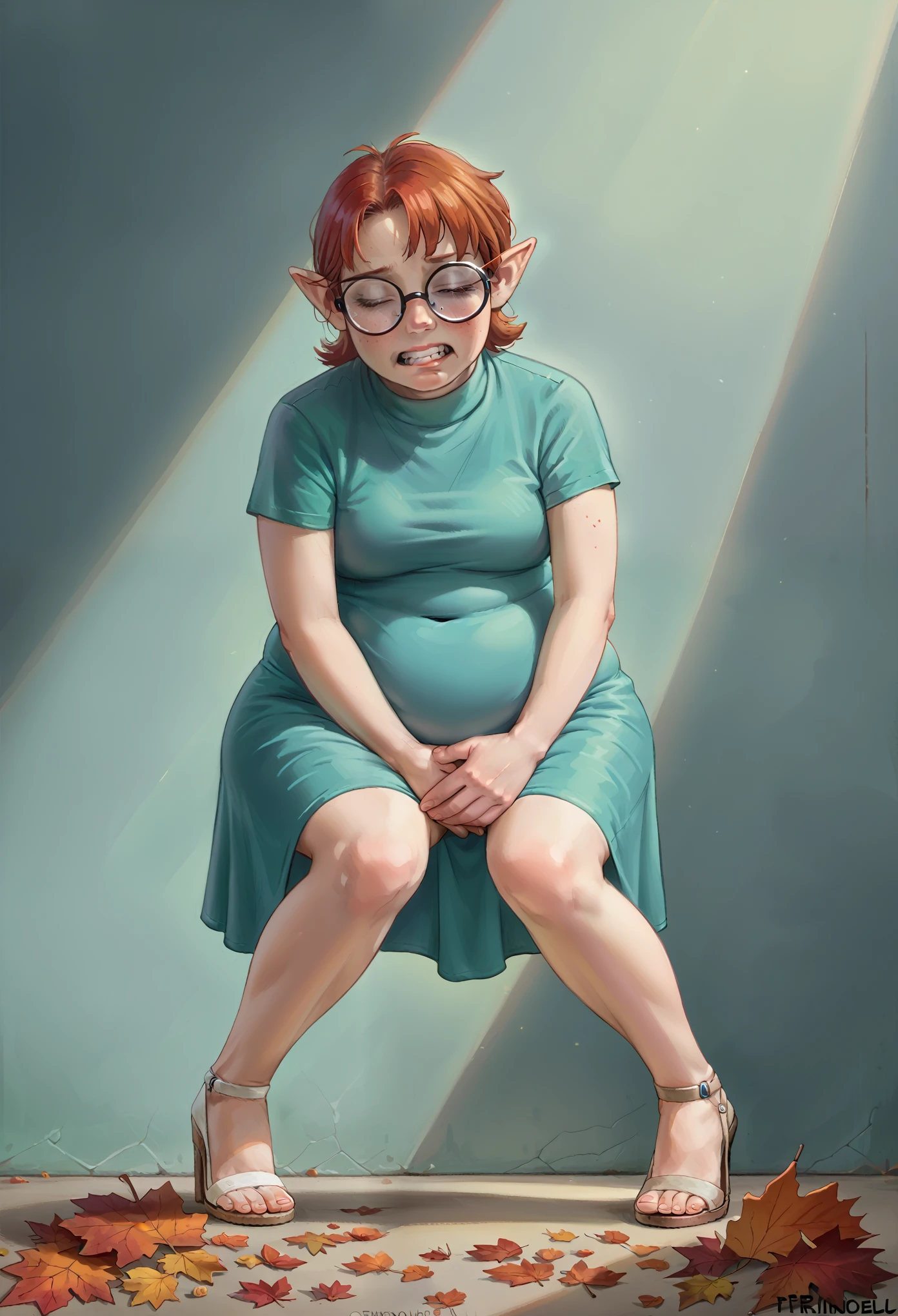 1 girl, nerdy elf woman, big teeth, glasses, (wincing and in pain:1.3) (squatting) (intemse eye contact:1.1), elaborate white elvish dress, (), (breasts silhouette), light beams, (tall torso), (skinny body with a chubby belly:1.3), , ((rivendell during autumn background)), extreme details, short red hair, (boyish face:1.1), , detailed autumn background , volumetric lighting, high definition, realistic anime , (long legs), (extremely detailed face:1.1), (huge and long breasts), leaning over, own hands grabbing belly, spherical inflation 