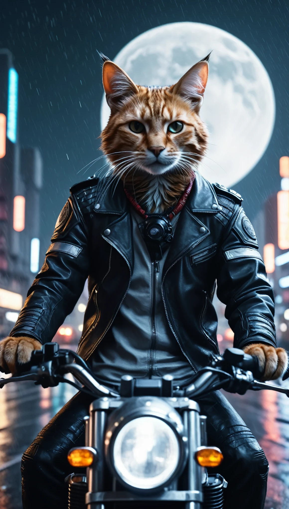 Hyperrealistic RAW analog photo of an anthro (tabbycat:1.1) (man:0.9) dressed in cyberpunk, riding motorcycle through future cyber city on a rainy night, full circular moon in sky, stars,|(sharp focus, hyper detailed, highly intricate, physically based unbiased rendering:1.10), natural lighting, Extremely high-resolution details, photographic, realism pushed to extreme, fine texture, incredibly lifelike, cinematic, 35mm film, 35mm photography, film, photo realism, DSLR, 8k uhd, hdr, ultra-detailed, high quality, [[skin]]