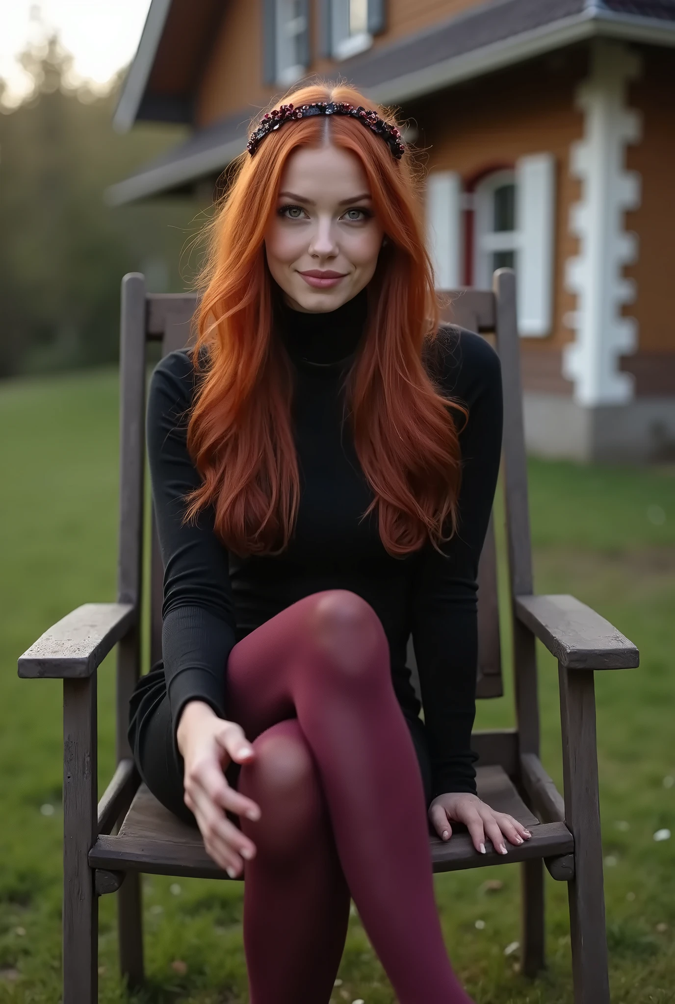 pose sexual. 1 girl, 24 years old, (bright red hair:1.3), shoulder length hair, parts, Blue eyes, Photo (Photorealism:1.4), realistic anatomy, medium breasts, sitting by the railing wearing a random color sweater and black boots, upskirt , with a red turtleneck sweater, perfect pose, pose casual, attractive pose, Shot from below, thoughtful pose, full body shot, striking pose, complete cinematographic shot, very artistic pose, voluminous sleeves, pose genial, sitting on a very high railing , only the farthest knee is raised along the railing, and the leg closest to the viewer is hanging, WITHOUT PANTS, under the skirt, strong focus on lower thighs, the viewer is positioned at a very low angle, massive neckline, pose sexual.