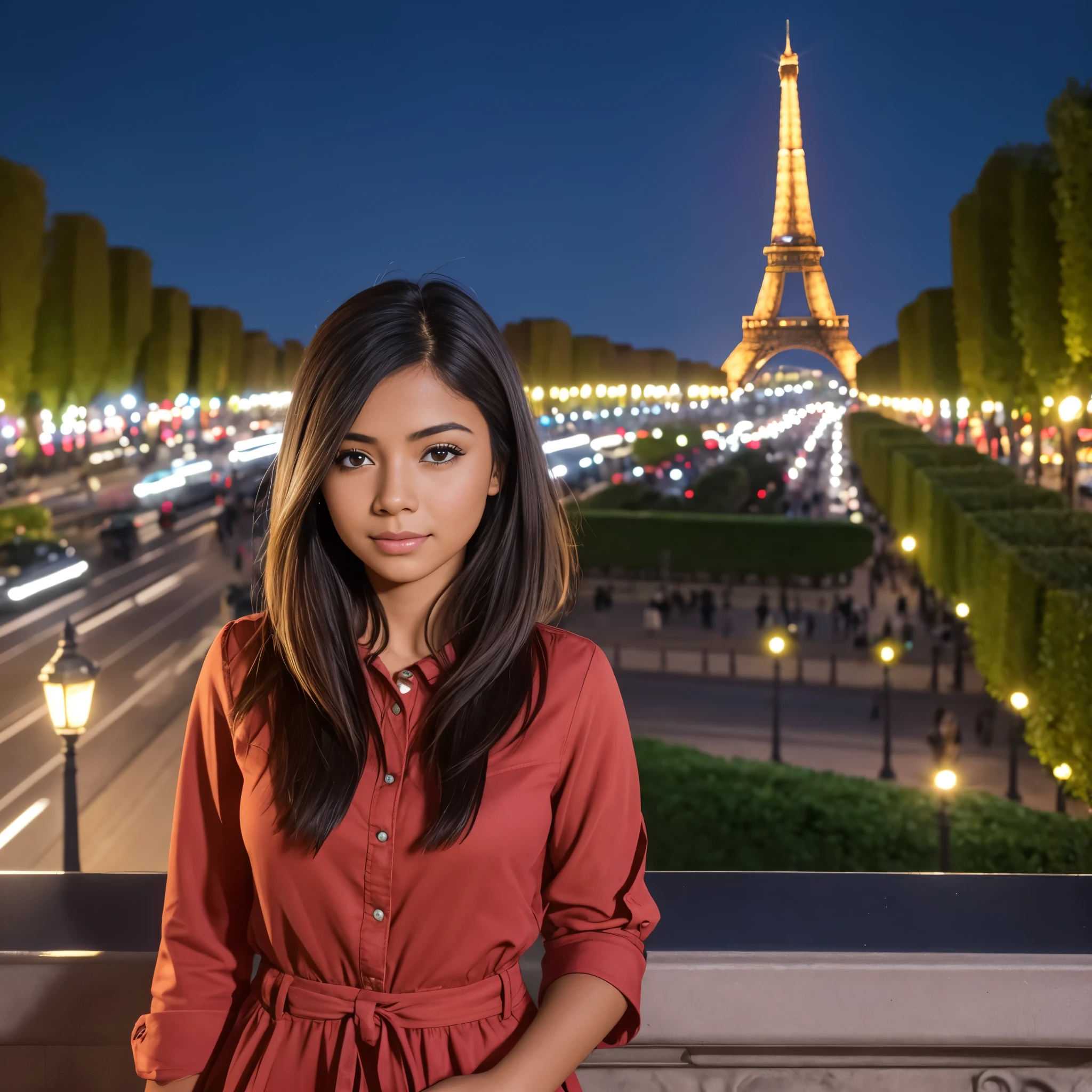 Arafed woman in a red dress standing in front of the eiffel tower ...