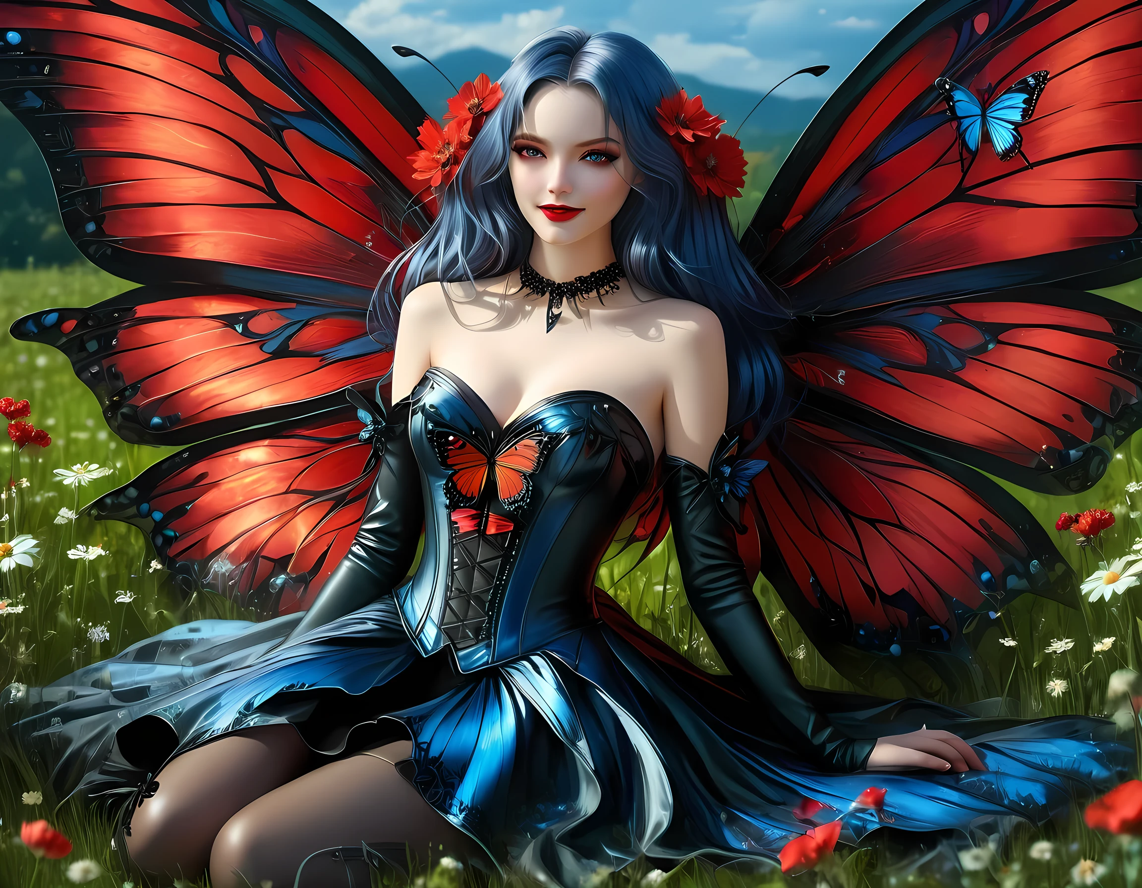 high details, best quality, 16k, RAW, [best detailed], masterpiece, best quality, (extremely detailed), full body, ultra wide shot, photorealistic, dark fantasy art, goth art, RPG art, D&D art, a picture of a dark female fairy resting in a flower meadow, extremely beautiful fairy, ultra feminine (intense details, Masterpiece, best quality), best detailed face (intense details, Masterpiece, best quality), having wide butterfly wings, spread butterfly wings (intense details, Masterpiece, best quality), dark colors wings (intense details, Masterpiece, best quality), (blue) hair, long hair, shinning hair, flowing hair, shy smile, innocent smile, (red: 1.3) eyes, dark red lips, wearing [red] dress latex corset (intense details, Masterpiece, best quality), dynamic elegant shirt, chocker, wearing high heels, in dark colored flower meadow (intense details, Masterpiece, best quality), (red flowers: 1.2) , (black flowers: 1.2), (white flowers: 1.2), (blue flowers: 1.3) [extreme many flowers] (intense details, Masterpiece, best quality), dark colorful flowers (intense details, Masterpiece, best quality), flower meadow in a dark goth field background, dim light, cinematic light, High Detail, Ultra High Quality, High Resolution, 16K Resolution, Ultra HD Pictures, Clear Details, Realistic Detail, Ultra High Definition, DonMF41ryW1ng5XL