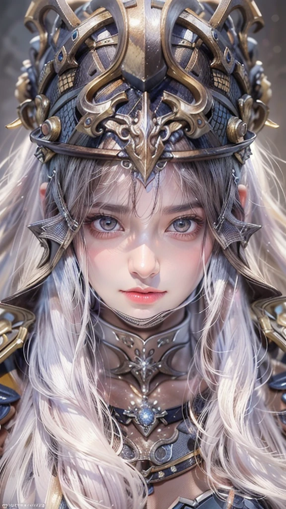 (number々Award-winning masterpiece, Incredible detail, Textures and maximum detail), (hyper Realistic:1.4), (Realistic:1.3), (Highest quality realistic textured skin), ((Highly detailed face)),(Detailed eyes),(Glowing Skin),Large Breasts,Long white hair,Knight Armor,Sharp Eyes