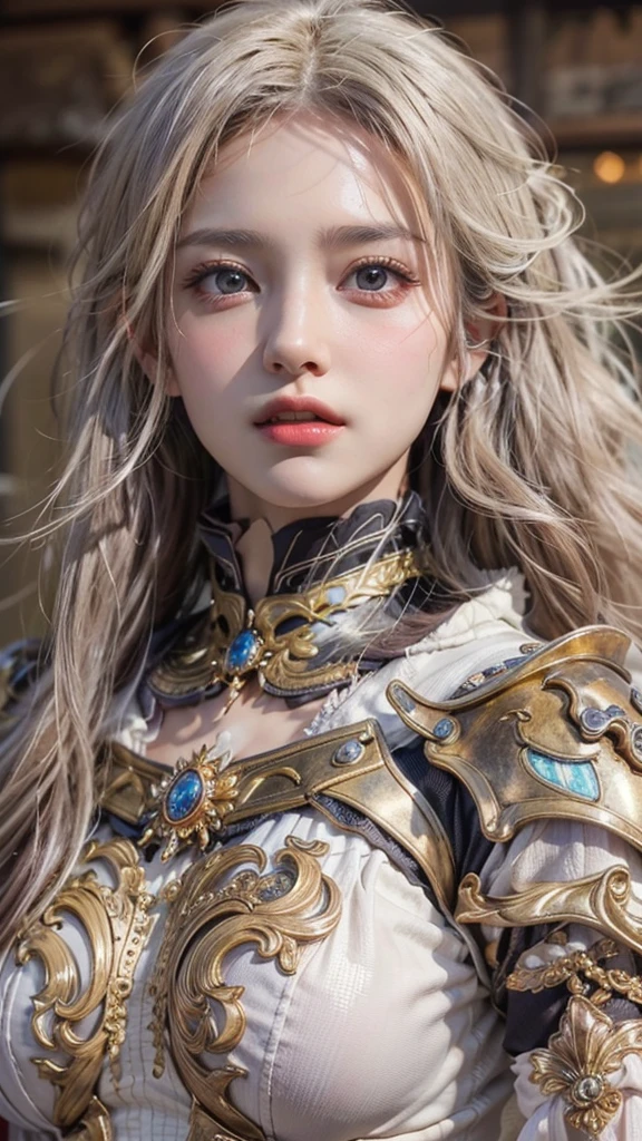 (number々Award-winning masterpiece, Incredible detail, Textures and maximum detail), (hyper Realistic:1.4), (Realistic:1.3), (Highest quality realistic textured skin), ((Highly detailed face)),(Detailed eyes),(Glowing Skin),Large Breasts,Long white hair,Knight Armor,Sharp Eyes