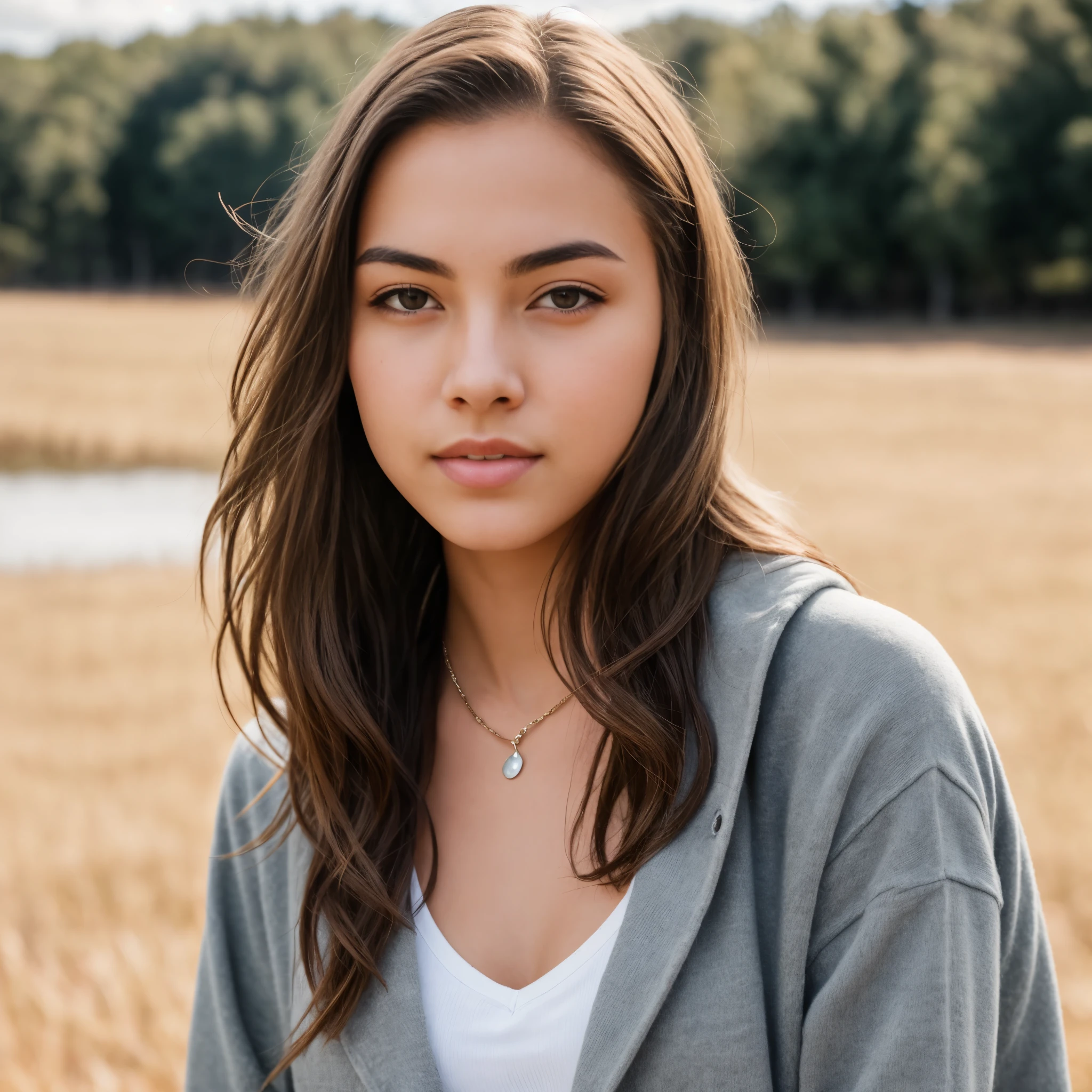 (in 8K, Raw-Photo, best quality, masterpiece:1.2), 1 girls , 20yo, full body shot, a beauty, european, Balkans ancestry, slim normal body, long hair, looking at viewer, black normal hoodie with long sleeves, black skirt, smile, ears ring ((The highest quality, 16 k, masterpiece: 1.3)), Biologically Correct Human, reference, detailed fingers, detailed faces, detailed lips, detailed eyes, glittering eyes, realistic pupils, brown pupils, outdoor, siting, elegance, showing middle finger to camera, in meadow, light on the face, golden hours, ambience light, backlight, summer, cinematic look, deep depths of field, blurry background
