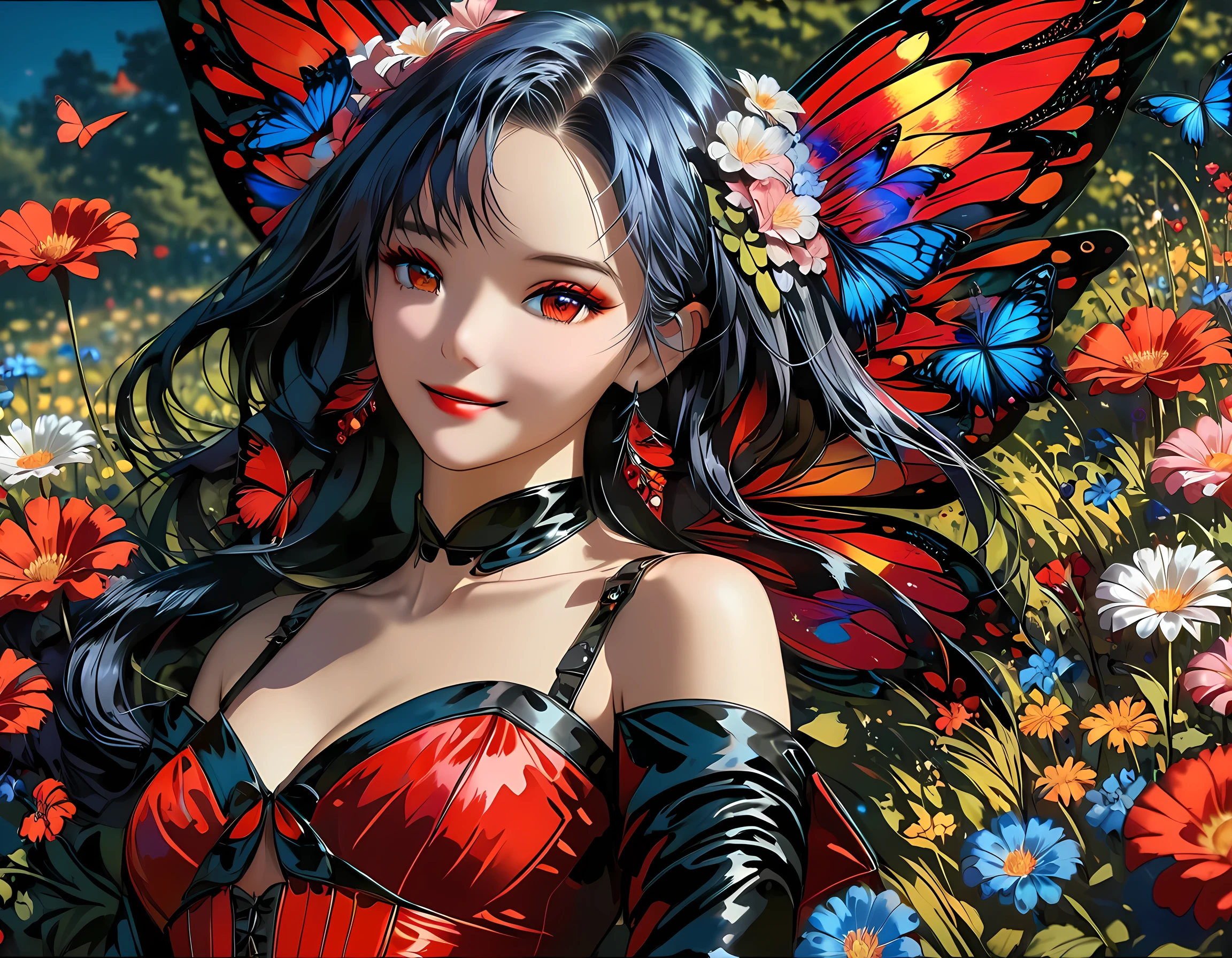 high details, best quality, 16k, RAW, [best detailed], masterpiece, best quality, (extremely detailed), full body, ultra wide shot, photorealistic, dark fantasy art, goth art, RPG art, D&D art, a picture of a dark female fairy resting in a flower meadow, extremely beautiful fairy, ultra feminine (intense details, Masterpiece, best quality), best detailed face (intense details, Masterpiece, best quality), having wide butterfly wings, spread butterfly wings (intense details, Masterpiece, best quality), dark colors wings (intense details, Masterpiece, best quality), (blue) hair, long hair, shinning hair, flowing hair, shy smile, innocent smile, (red: 1.3) eyes, dark red lips, wearing [red] dress latex corset (intense details, Masterpiece, best quality), dynamic elegant shirt, chocker, wearing high heels, in dark colored flower meadow (intense details, Masterpiece, best quality), (red flowers: 1.2) , (black flowers: 1.2), (white flowers: 1.2), (blue flowers: 1.3) [extreme many flowers] (intense details, Masterpiece, best quality), dark colorful flowers (intense details, Masterpiece, best quality), flower meadow in a dark goth field background, dim light, cinematic light, High Detail, Ultra High Quality, High Resolution, 16K Resolution, Ultra HD Pictures, Clear Details, Realistic Detail, Ultra High Definition, DonMF41ryW1ng5XL