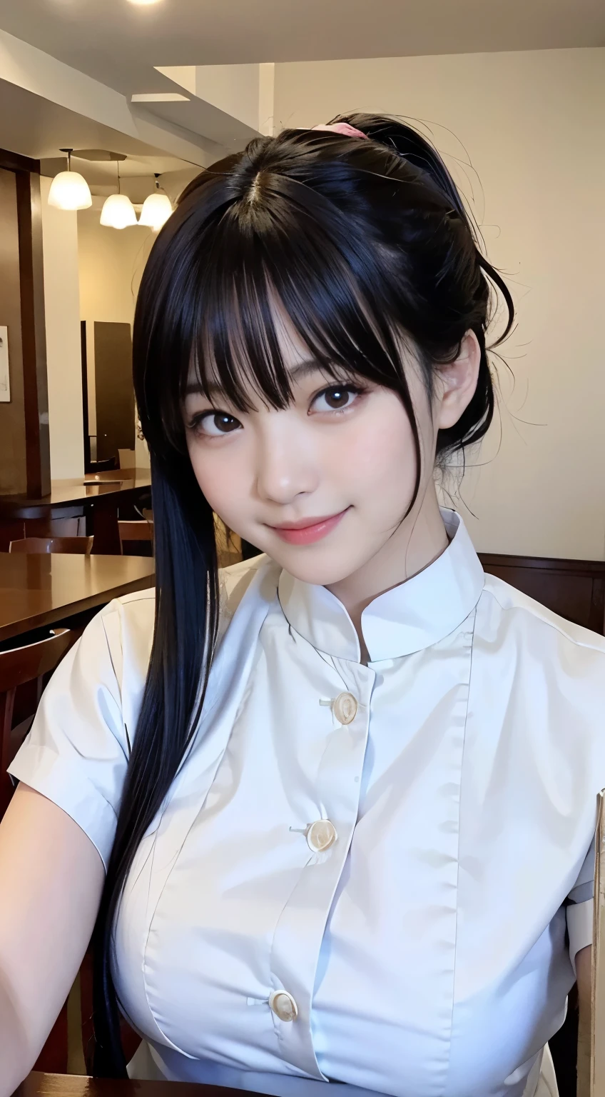 (top-quality,masterpiece:1.3,超A high resolution,),(ultra-detailliert,Caustics),(Photorealsitic:1.4,RAW shooting,)Ultra-realistic capture,A highly detailed,High resolution 16K human skin close-up。 Skin texture is natural、,The pores are、Must be detailed enough to be easy to identify。 Skin should look healthy with even tones。 Use natural light and color,resturant,(Waitress uniform:1,3),1人,japanes,18year old,kawaii,A dark-haired,Middle hair,(large boob:1.2),smil,Turn your body to the front,(front-facing view:1.2),Looking at the camera,Fulll body Shot:1.5