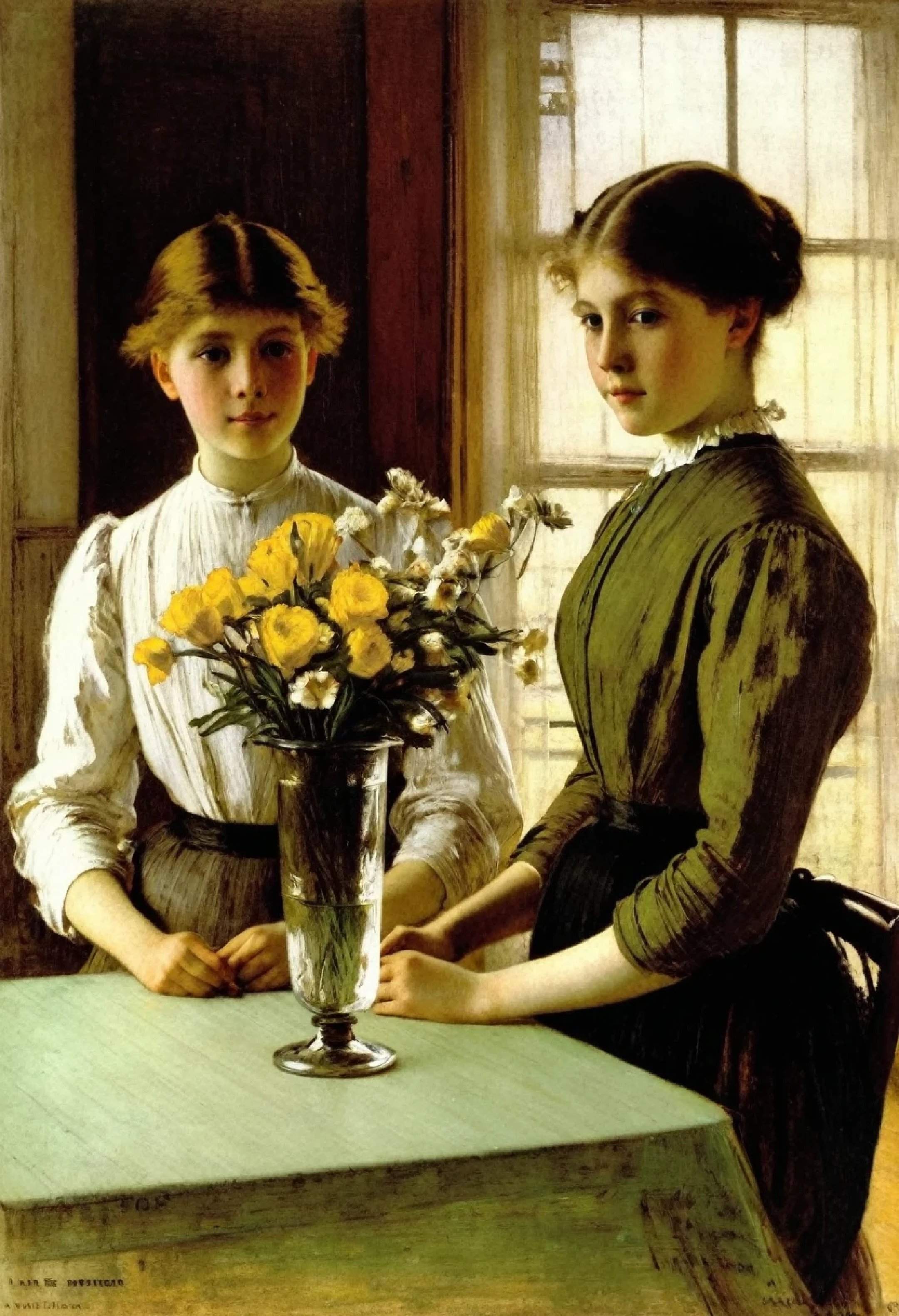 picture of two girls with flowers in a vase on a table, author: J.. Alden Weir, William Stott, Harriet Baker, Edmund Charles Tarbell, by Edward Arthur Walton, Arthur Webster Emerson, author: J.oseph DeCamp, William MacGregor Paxton, Frank Weston Benson, Robert Reed, author: J.. Ottis Adams