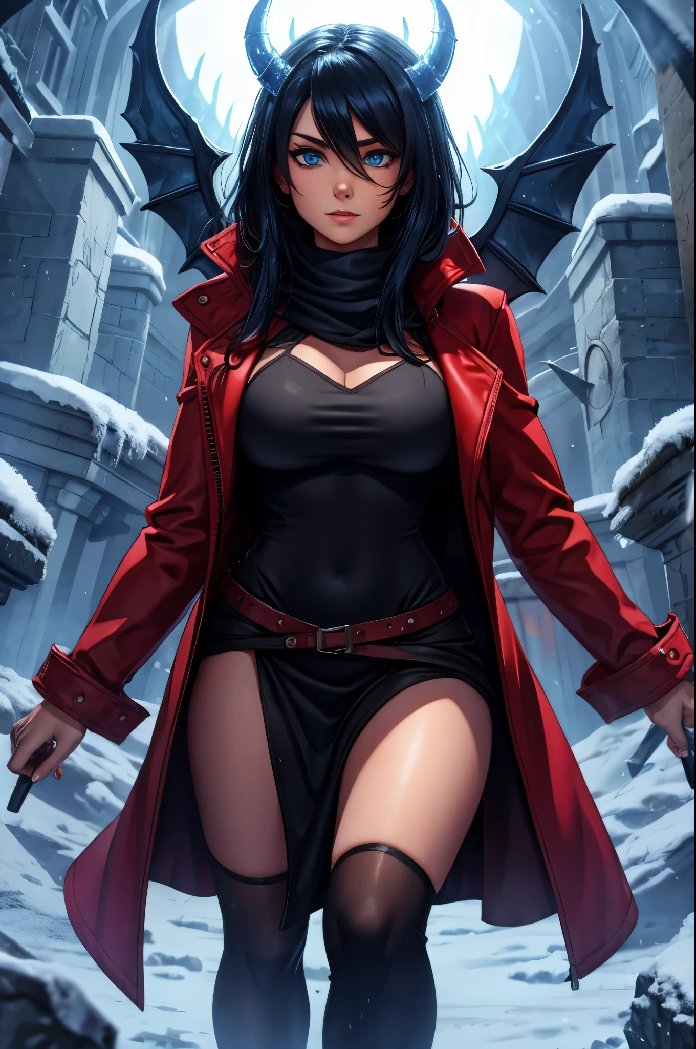 A closeup of a woman, concept art, character content art,1girl, highres, sharp focus, pixiv masterpiece, ((intricate details)), highly detailed,exquisite fanart highly detailed, commission for high resolution, one eye, detailed eyes,blue eyes, pale skin, fair skin, short black hair, cyberpunk hair, muscular female body!, pointed ear, vampire, costume: military, red coat,  Neckline on breasts, Revealing neckline, Joy Ride style, Ilya Kuvshinov,Anime Moe Artstyle, Female anime character, Anime character,